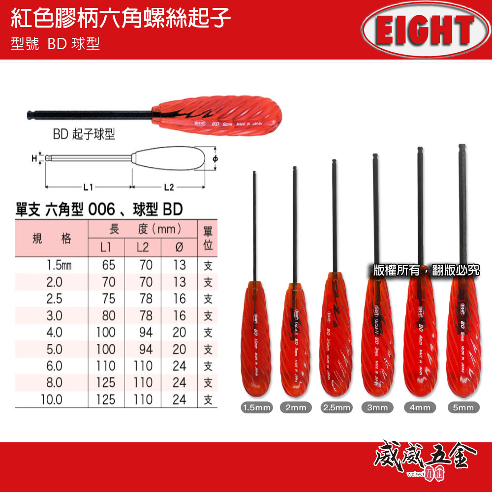 日本製 EIGHT 八尾｜2-8mm 紅色膠柄球型六角型螺絲起子 球頭-螺絲六角型起子 內六角板手｜BD型