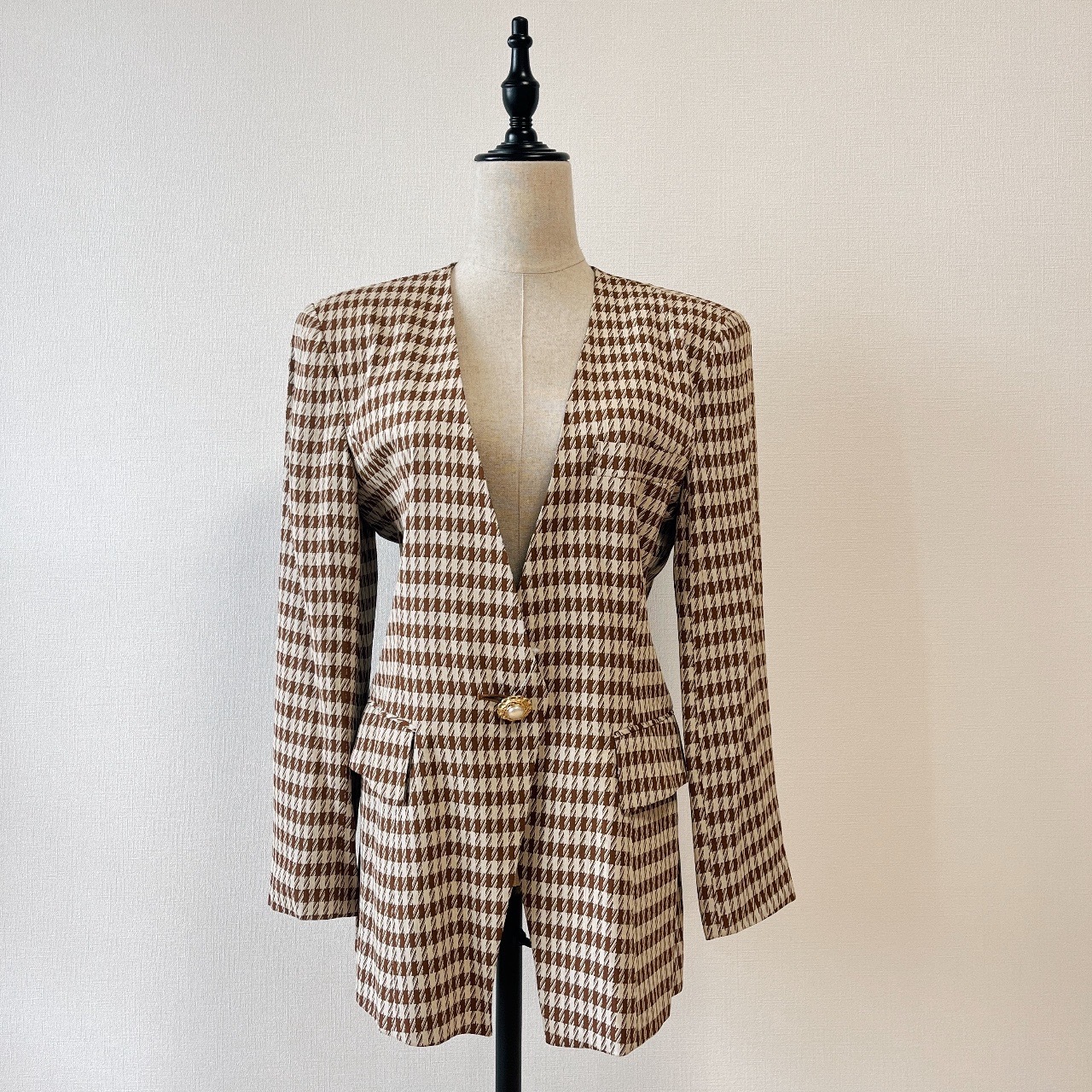 啡色修腰格紋古著外套