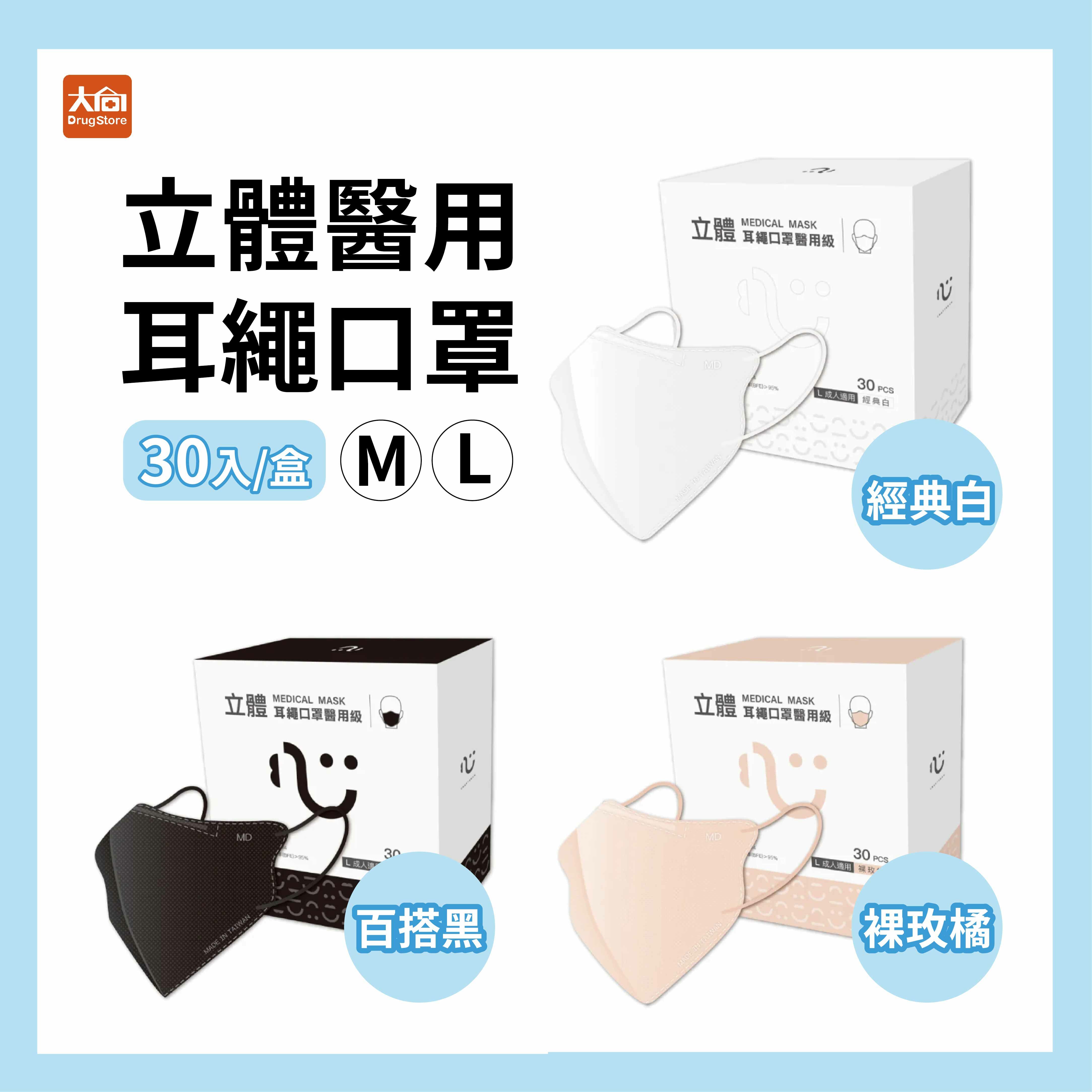 台灣康匠立體醫用口罩(未滅菌) 匠心立體醫用口罩耳繩款(30入/盒)