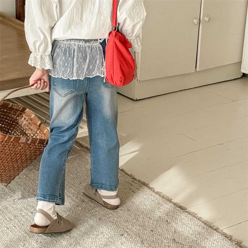 紗裙拼接刷白牛仔褲