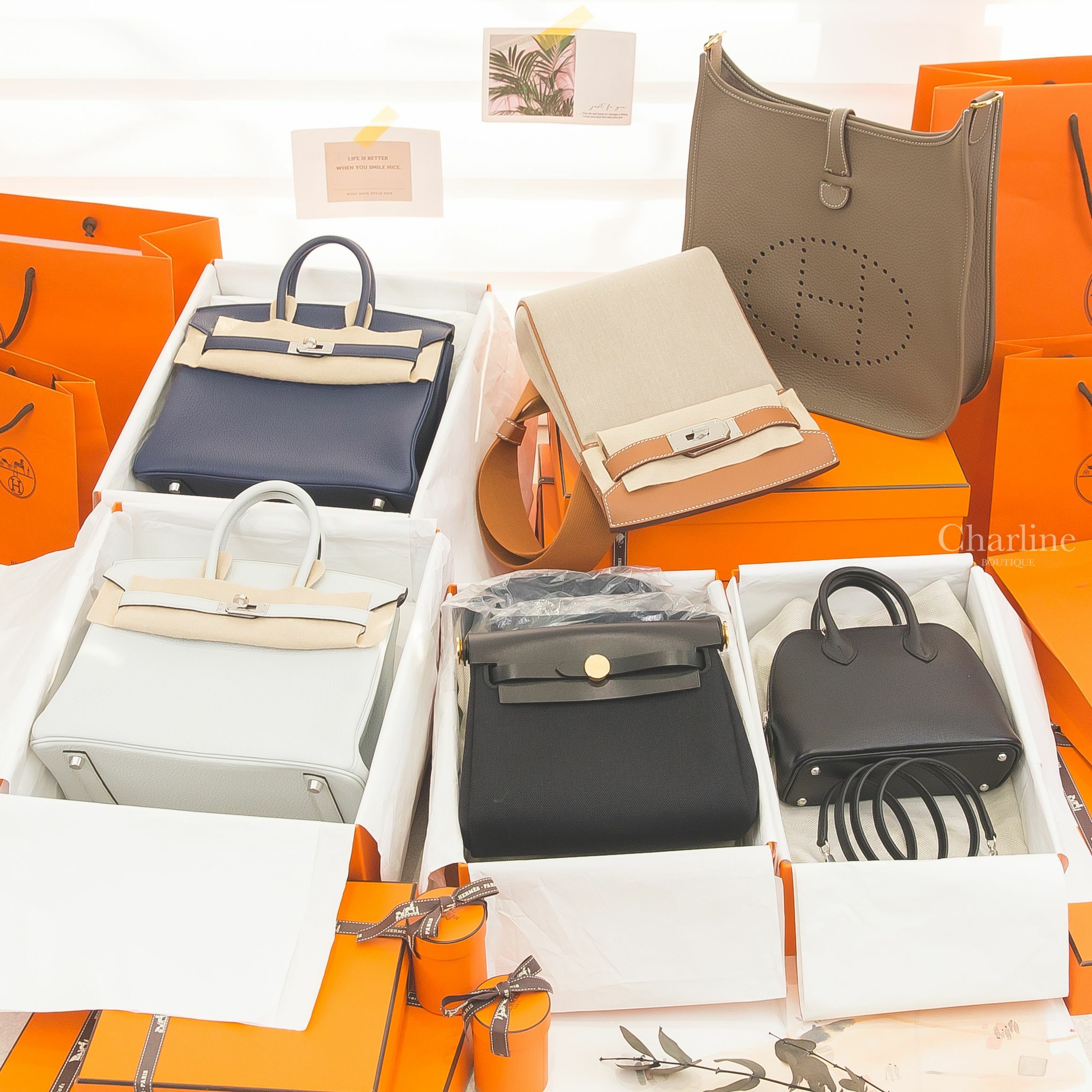 Birkin 25 鉑金灰銀釦,Birkin 25 深海藍銀釦,Neo Herbag 黑色金釦,Bolide Mini 黑色銀釦,Evelyne 29 大象灰金釦,Hac A Dos 焦糖色拼帆布銀釦-Charline Boutique 精品代購