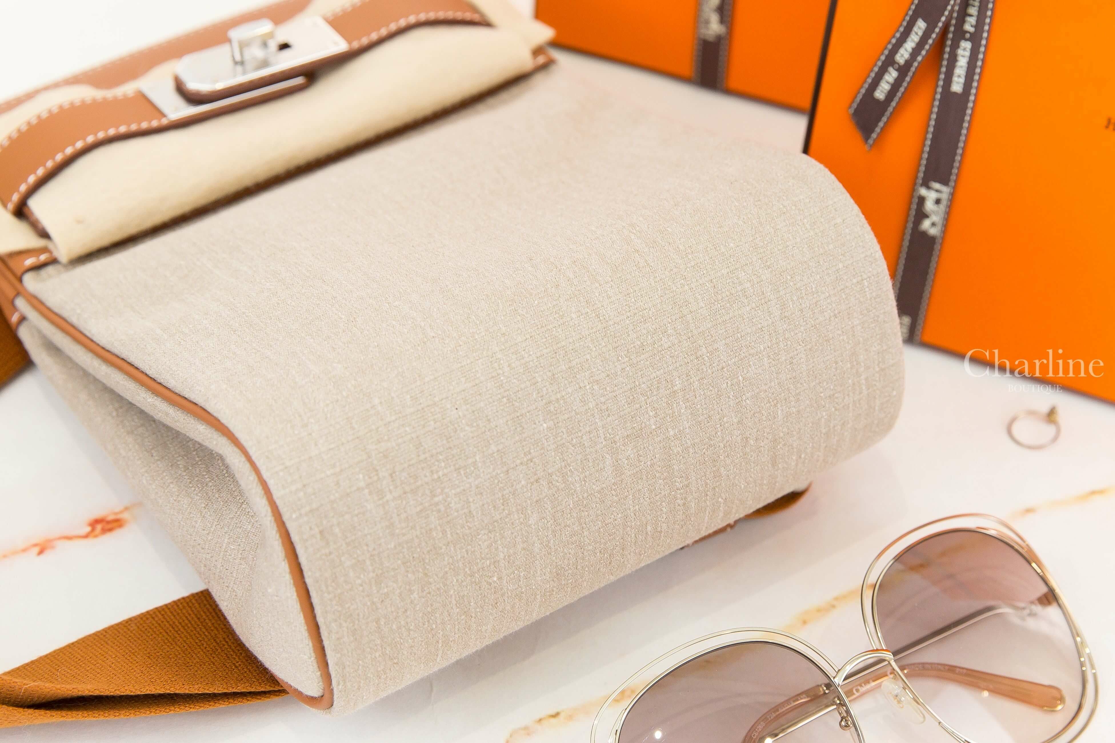 Hermès Hac A Dos PM T&C 37 Gold Tolie Bivouac / Veau Swift 焦糖色拼帆布銀釦小型斜背肩背包-Charline Boutique 精品代購