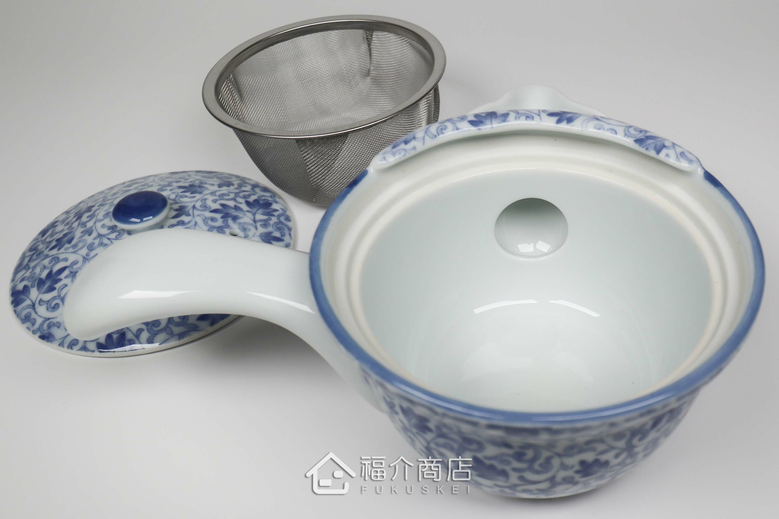 泡茶用白青色有藤蔓花紋的250cc陶茶壺