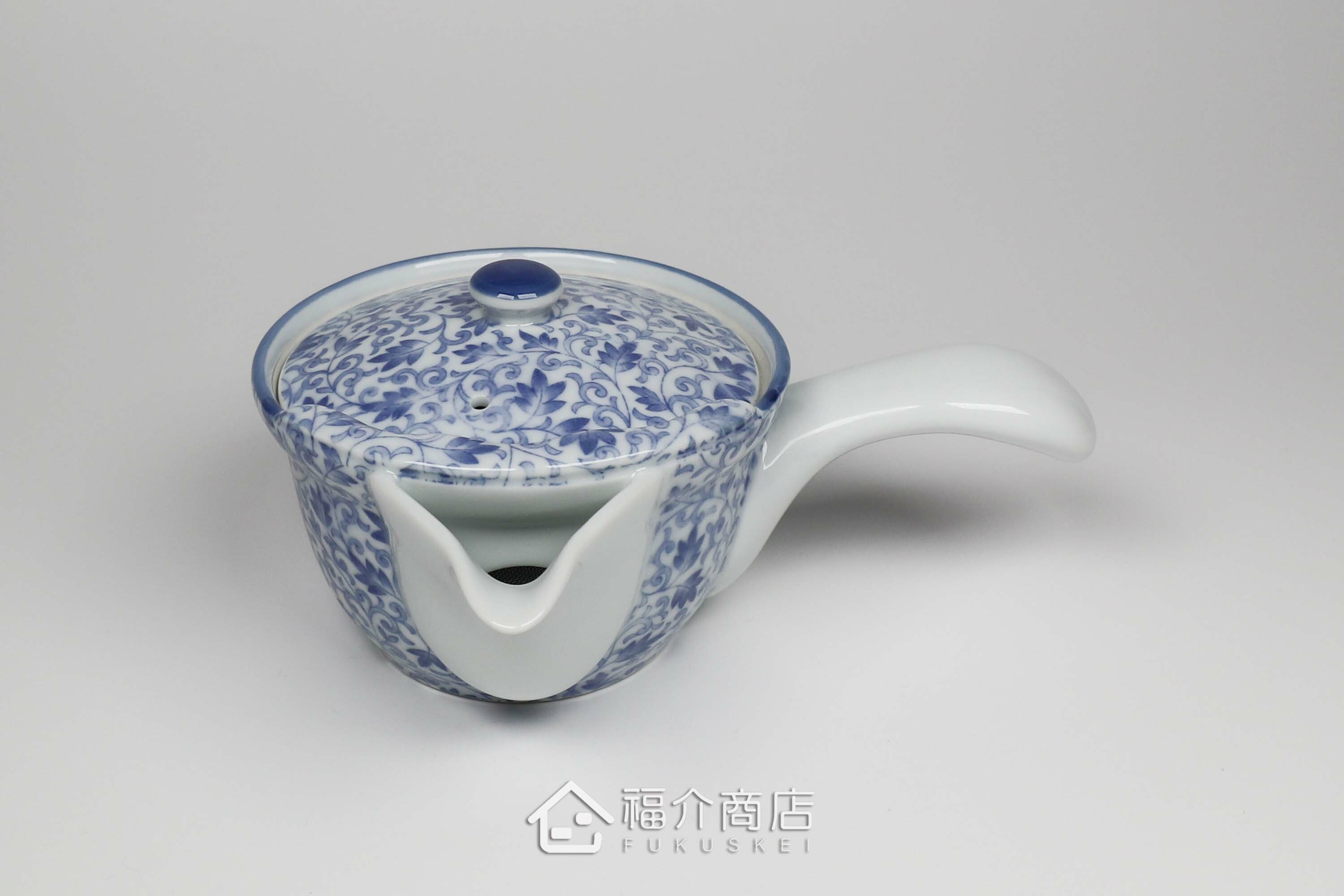 泡茶用白青色有藤蔓花紋的250cc陶茶壺