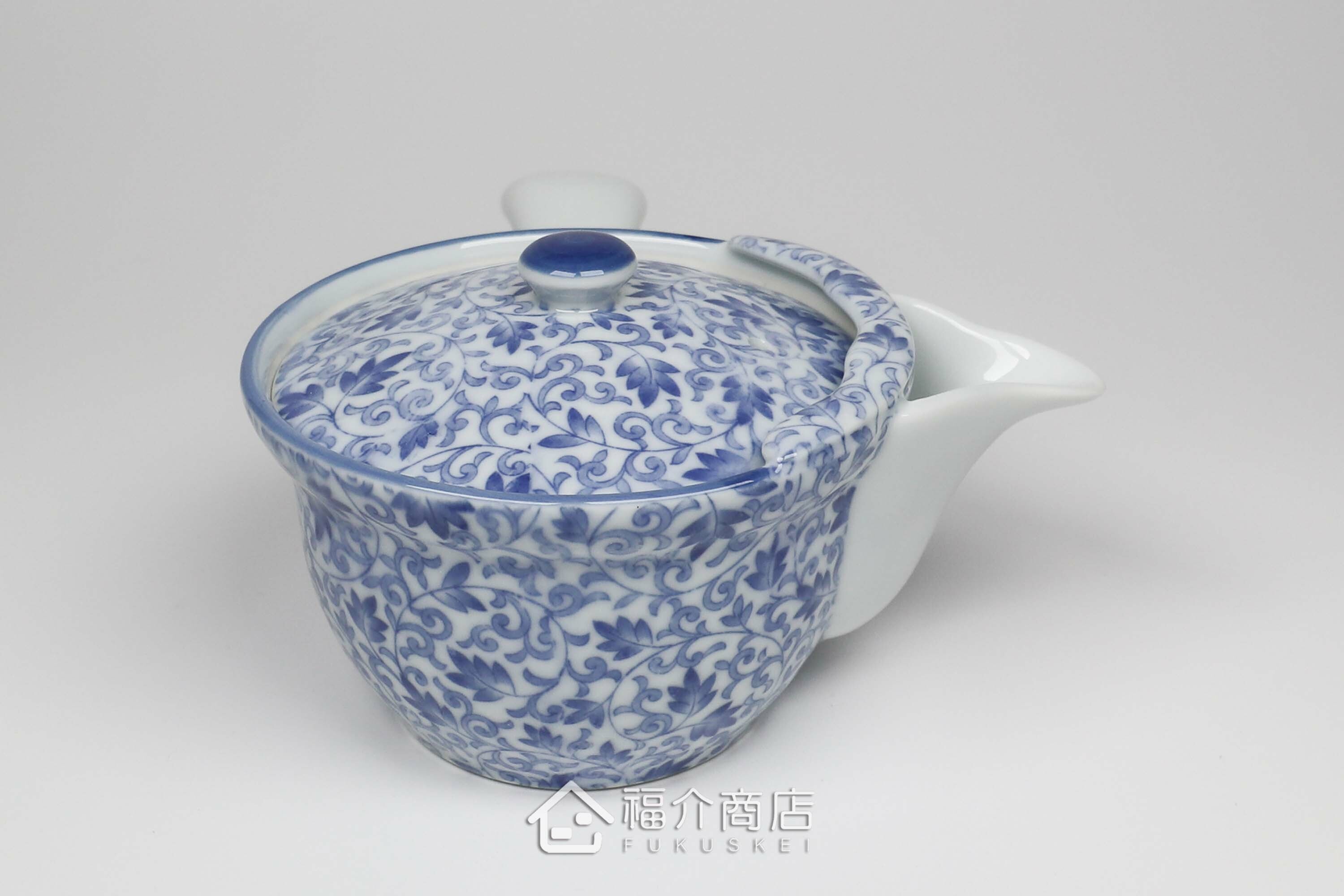 泡茶用白青色有藤蔓花紋的250cc陶茶壺