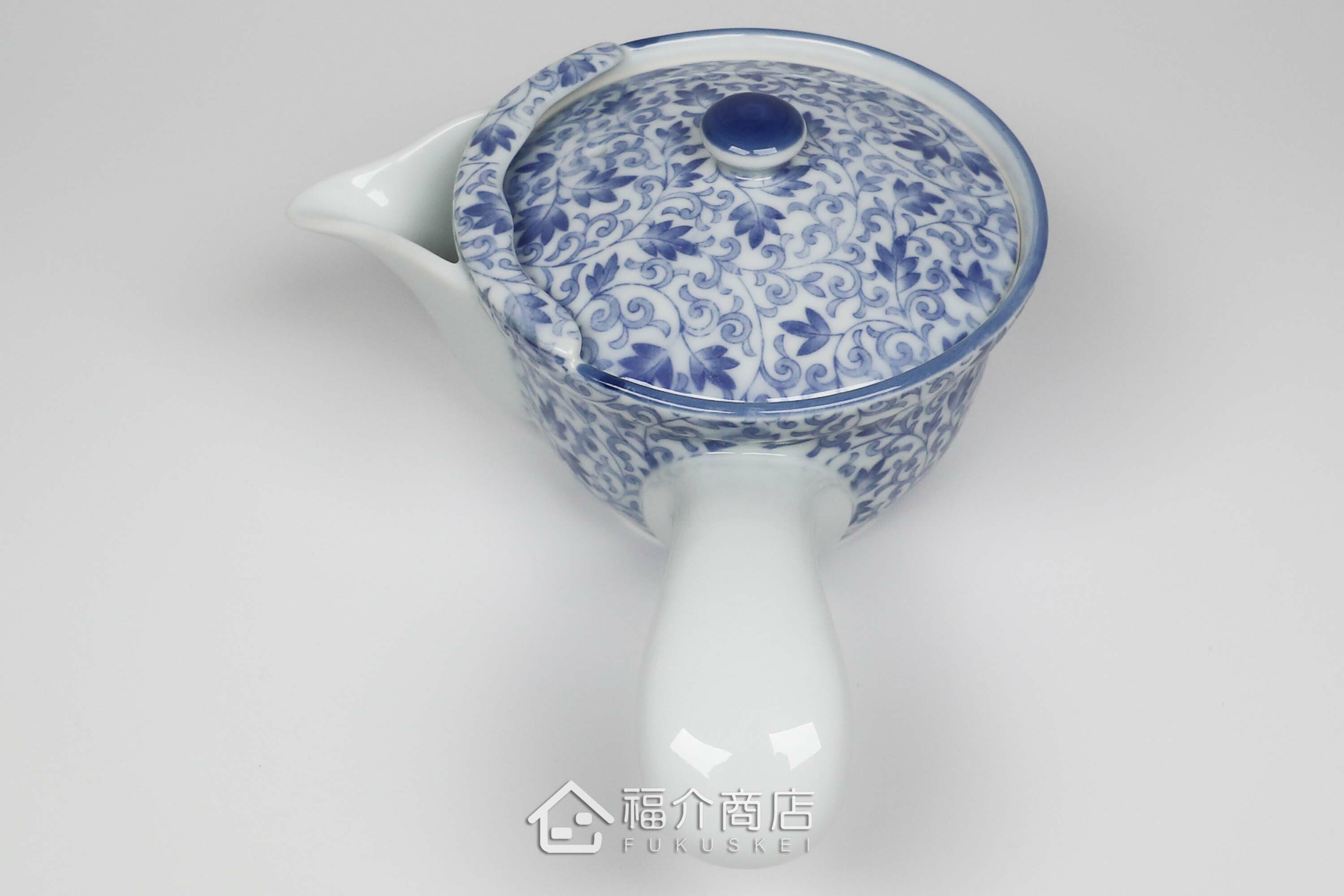 泡茶用白青色有藤蔓花紋的250cc陶茶壺