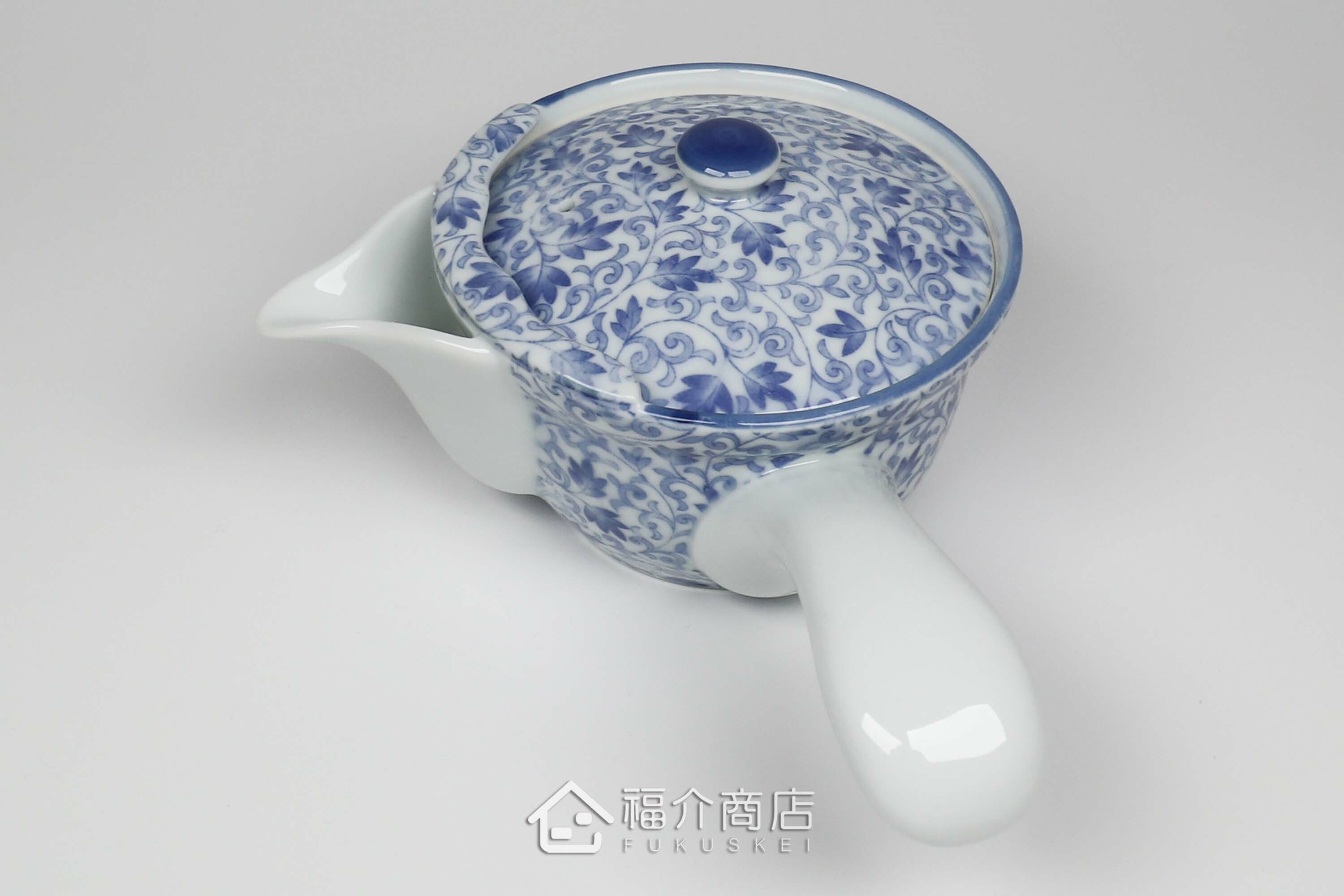 泡茶用白青色有藤蔓花紋的250cc陶茶壺