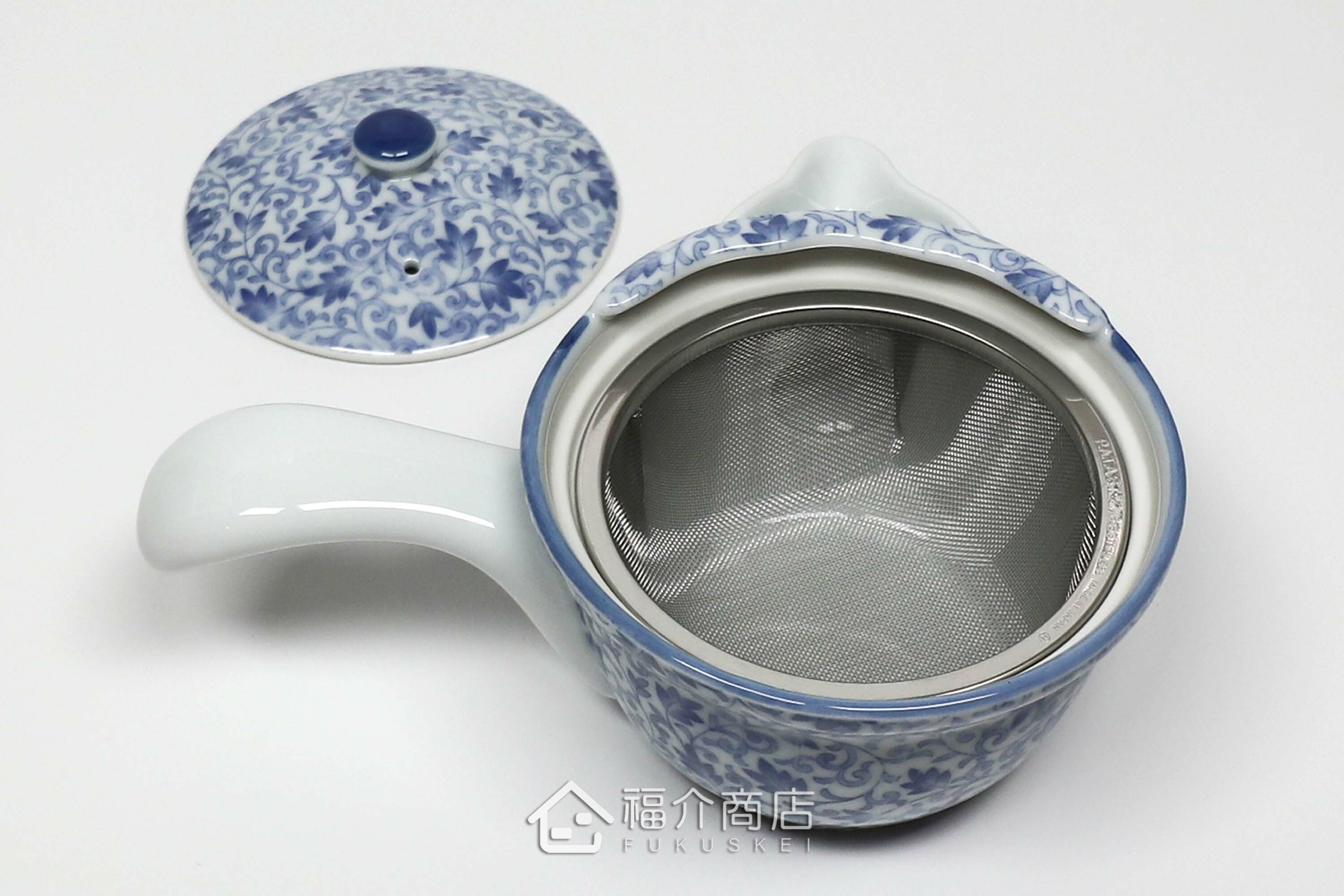 泡茶用白青色有藤蔓花紋的250cc陶茶壺