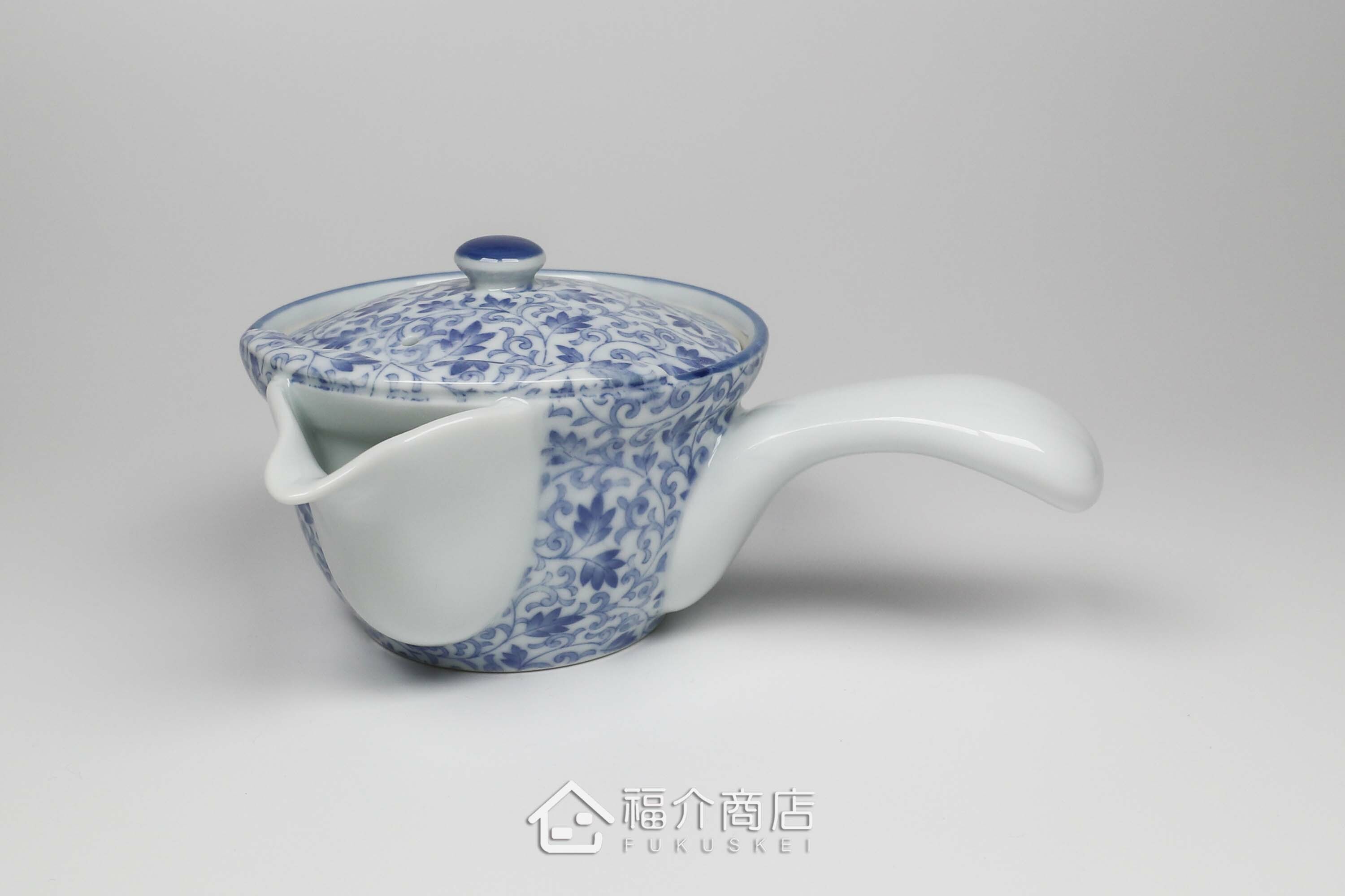 泡茶用白青色有藤蔓花紋的250cc陶茶壺