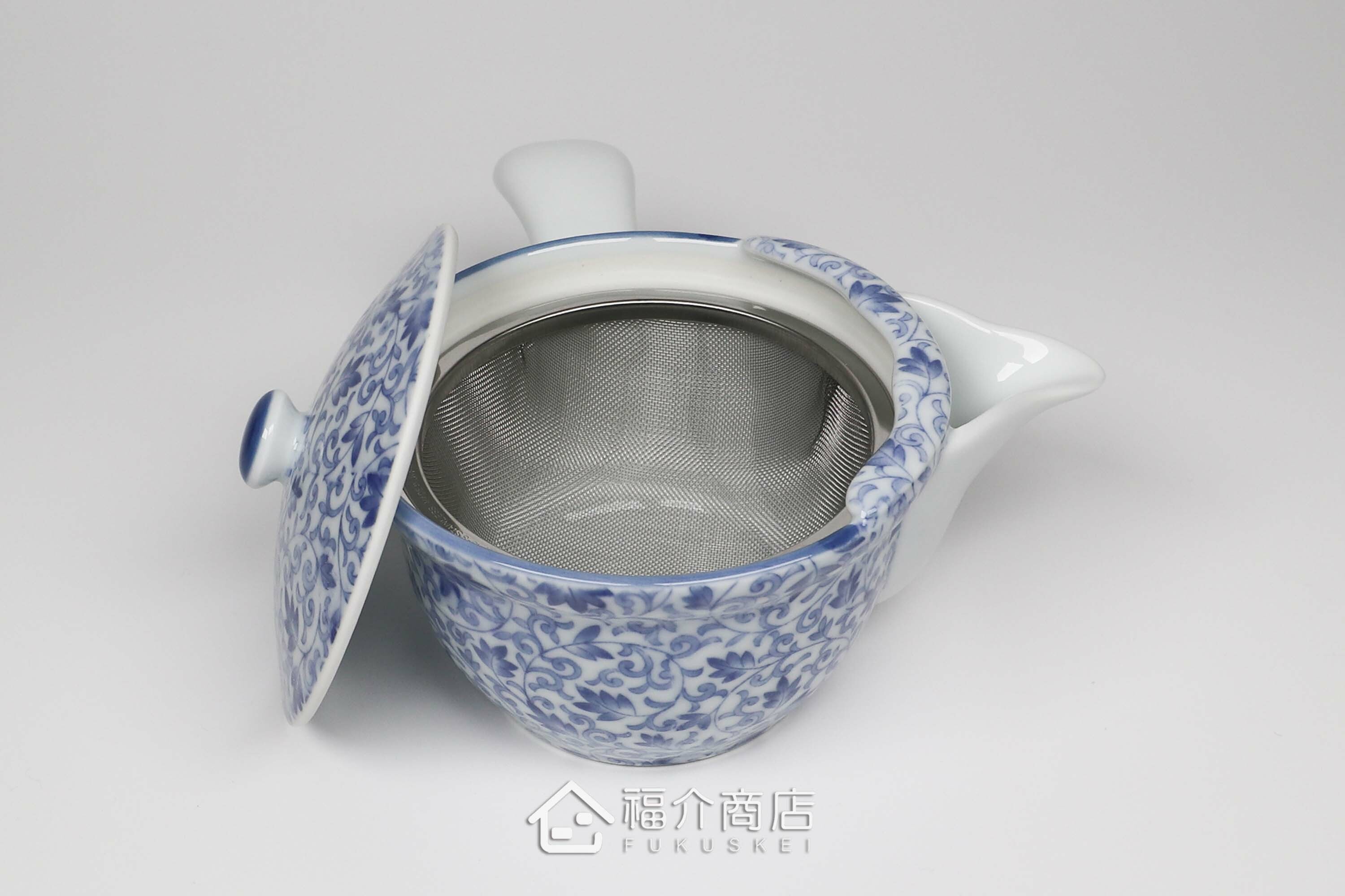 泡茶用白青色有藤蔓花紋的250cc陶茶壺