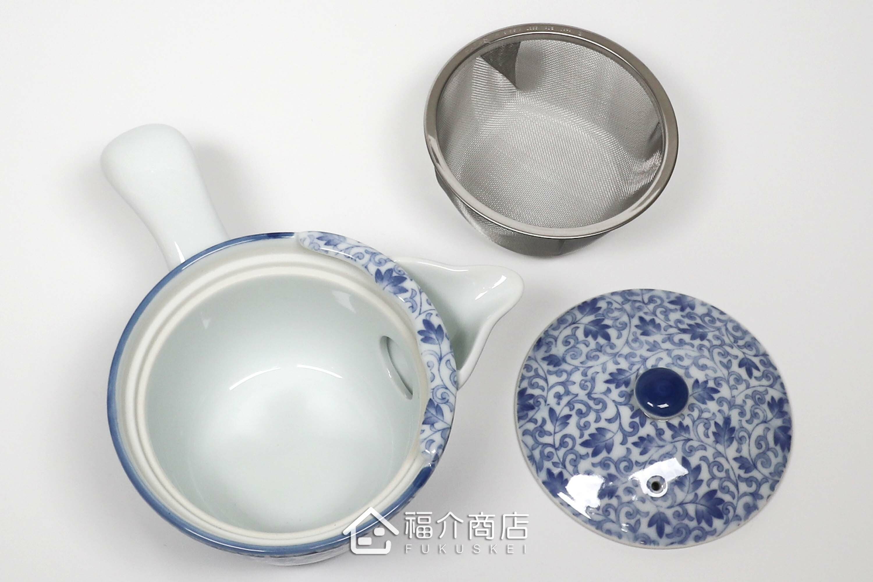 泡茶用白青色有藤蔓花紋的250cc陶茶壺