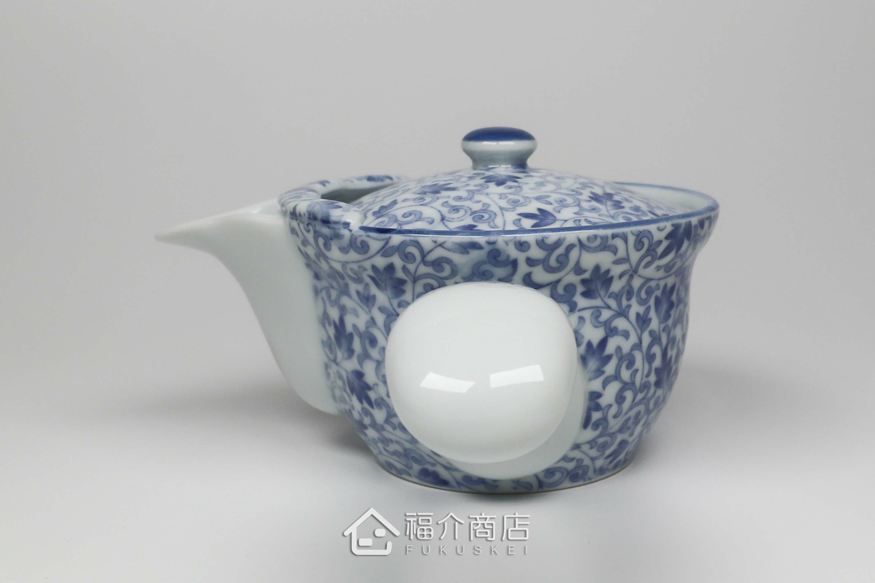 泡茶用白青色有藤蔓花紋的250cc陶茶壺