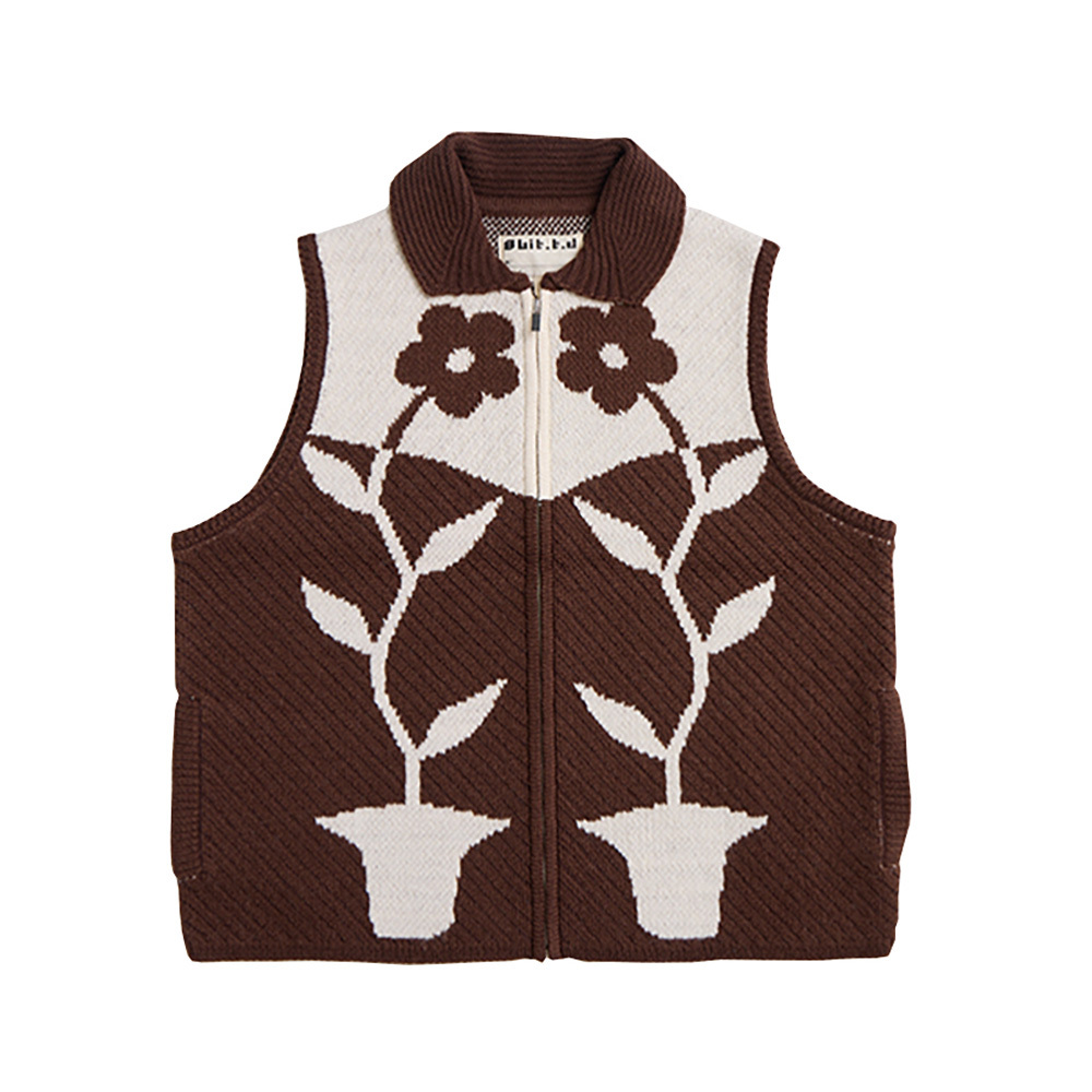 Hai'an Road Flower_ Collar Zip Vest Brown
