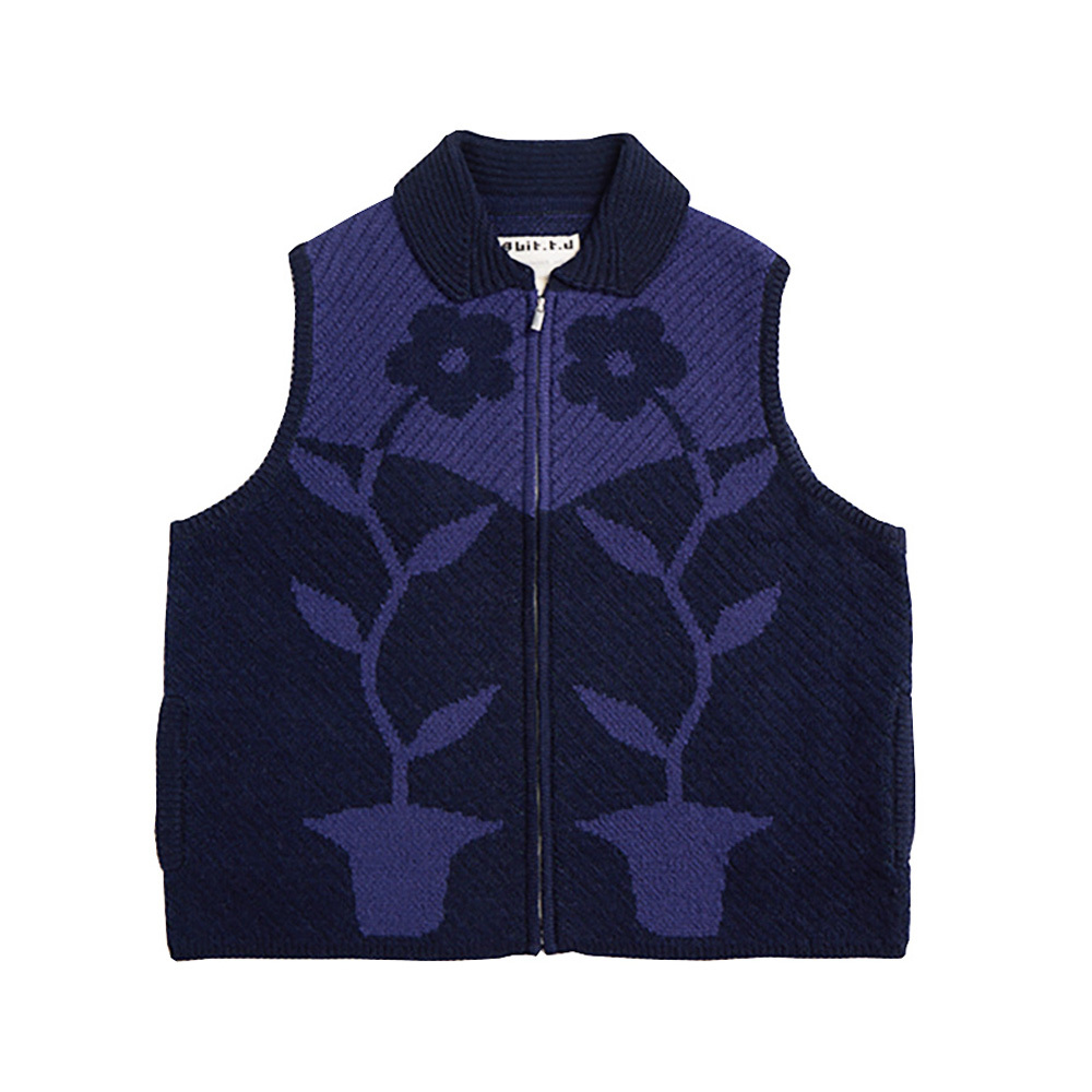Hai'an Road Flower_ Collar Zip Vest Blue
