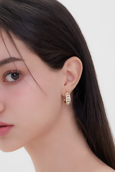 C形雙排鑽針珍珠。夾式耳環