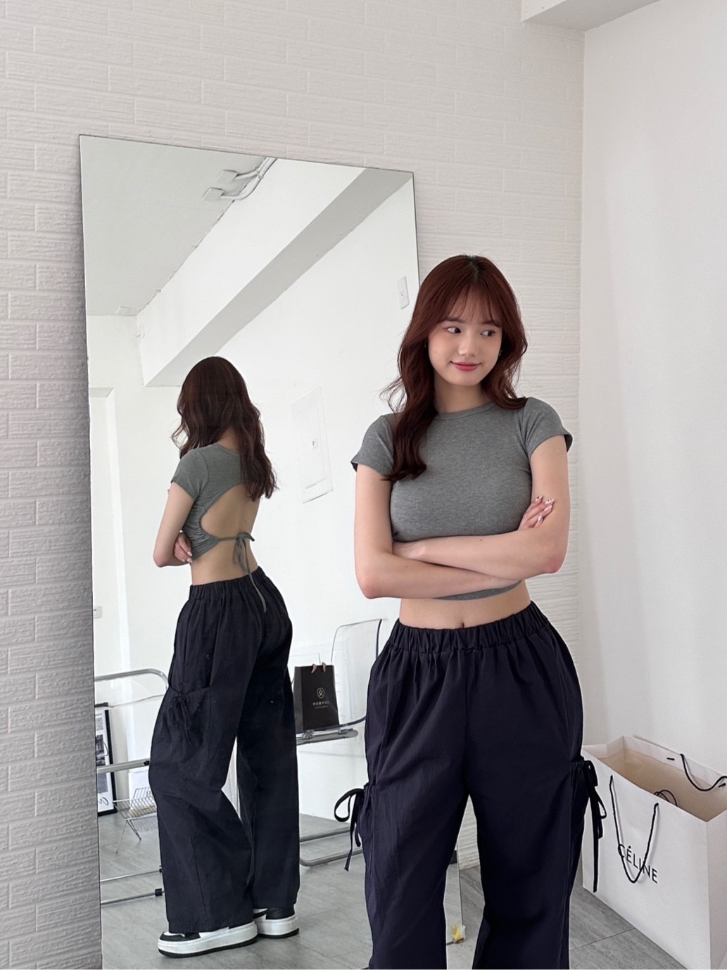 年末出清✧˖°.藏藍 蝴蝶結綁帶寬鬆工裝褲