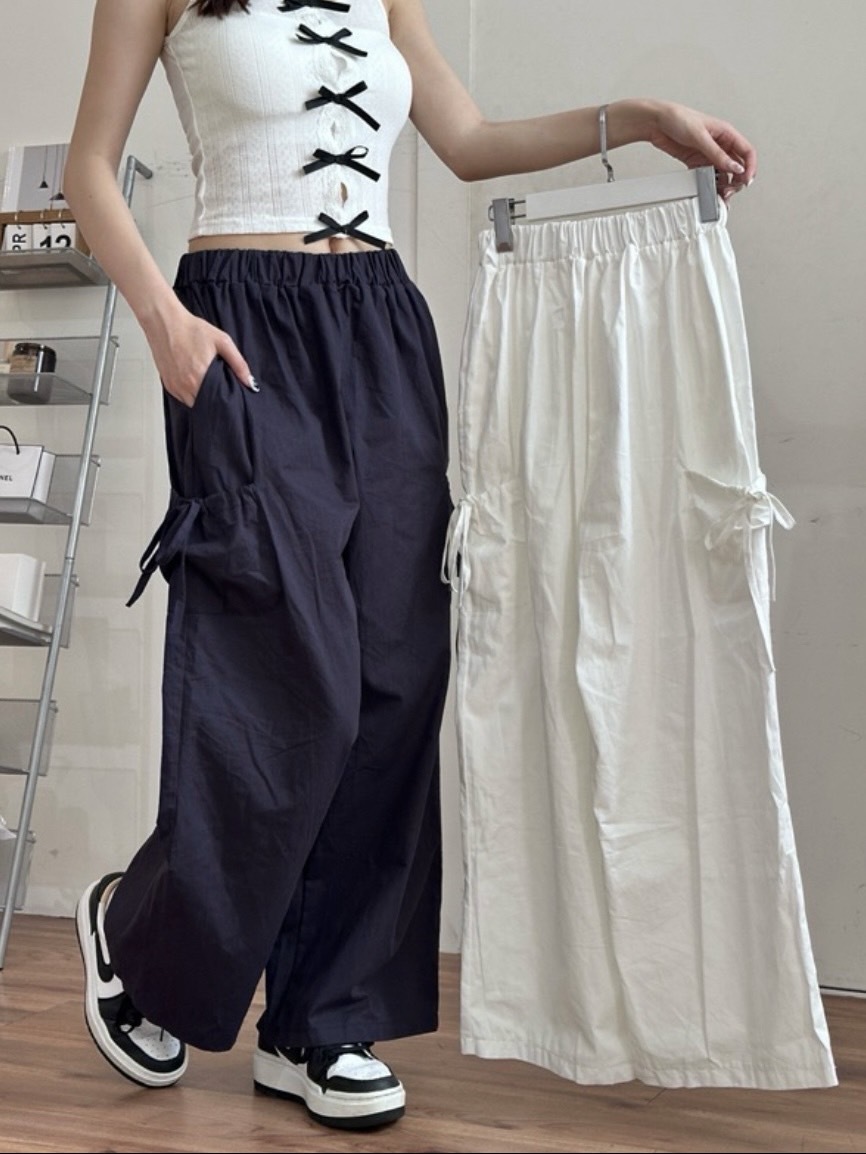 年末出清✧˖°.藏藍 蝴蝶結綁帶寬鬆工裝褲