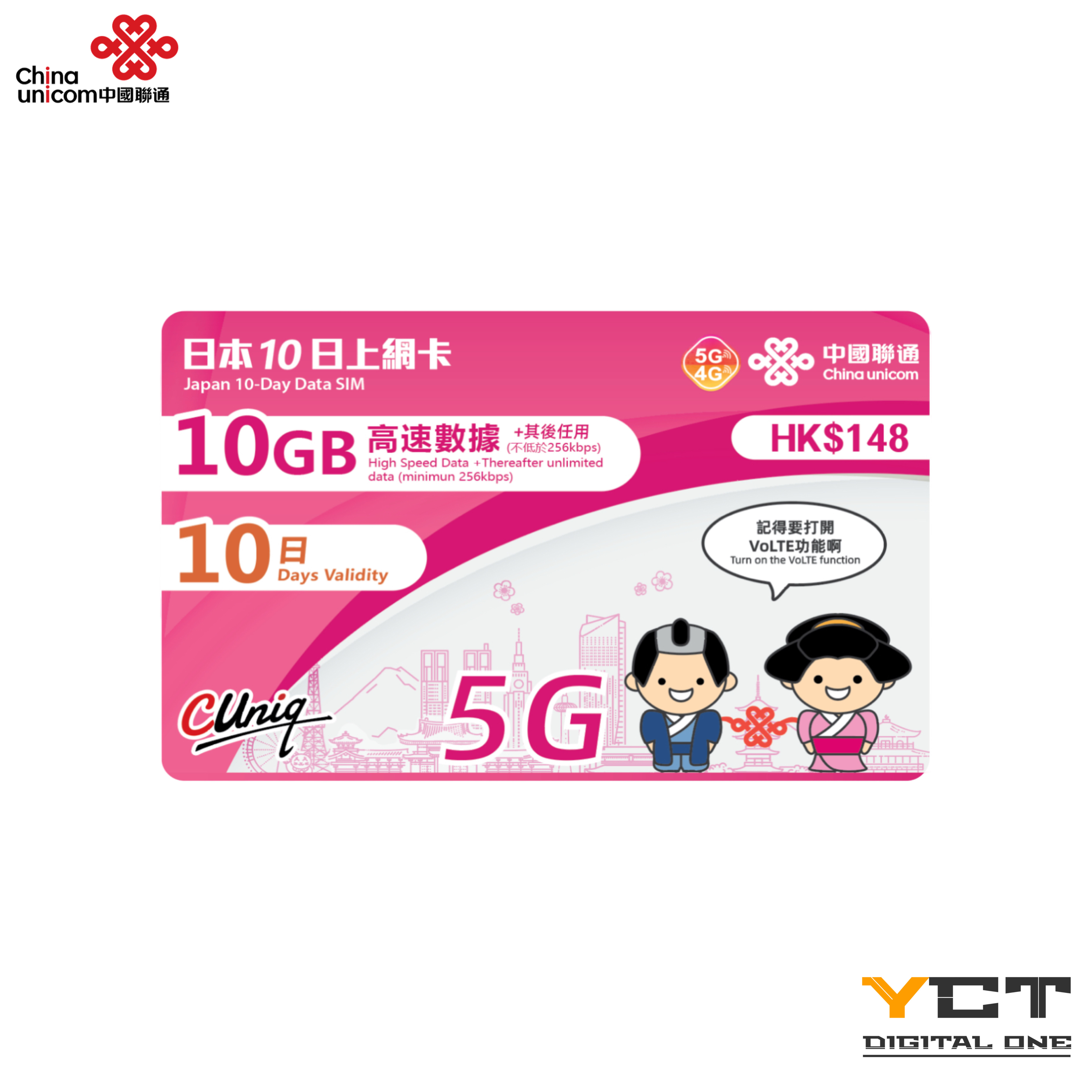 中國聯通 日本5G/4G 10日上網卡（10GB）