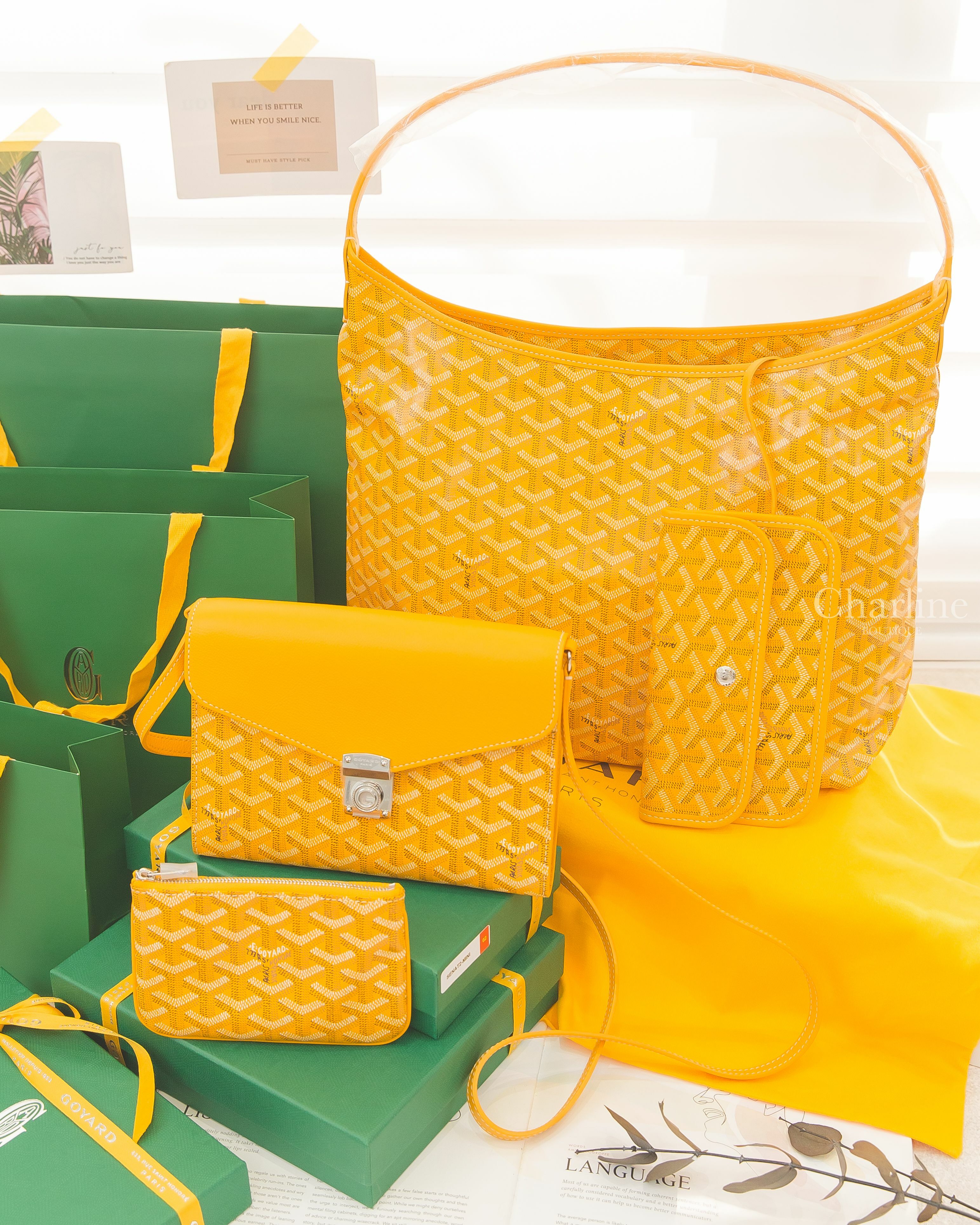 Goyard Bohème Hobo Bag 黃色手提肩背包,Goyard Chypre Wallet Pouch 黃色銀色G釦信封肩背包,Goyard Sénat Mini Pouch 黃色拉鍊零錢包-Charline Boutique 精品代購