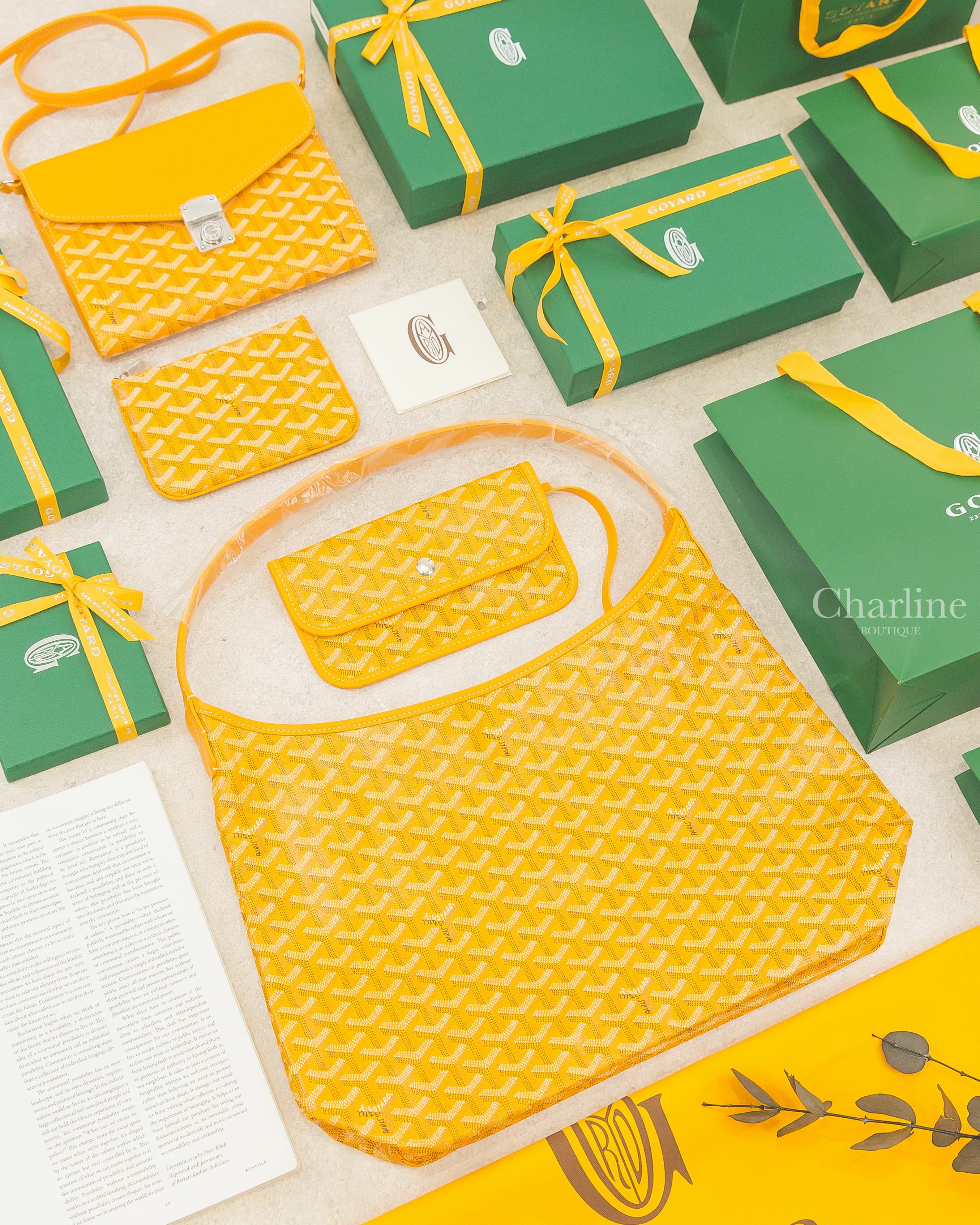 Goyard Bohème Hobo Bag 黃色手提肩背包,Goyard Chypre Wallet Pouch 黃色銀色G釦信封肩背包,Goyard Sénat Mini Pouch 黃色拉鍊零錢包-Charline Boutique 精品代購