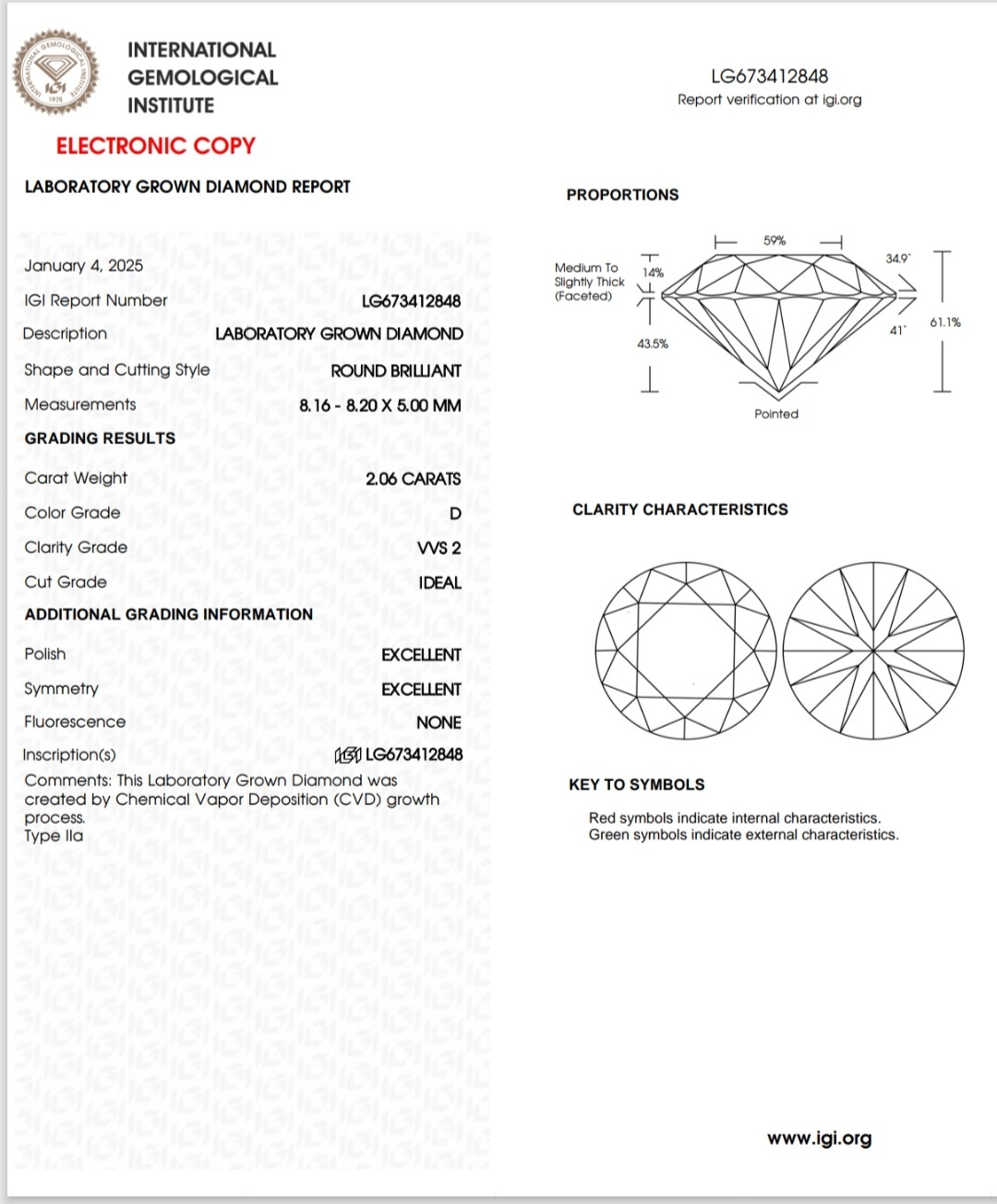 IGI LAB GROWN DIAMOND 2.06 D VVS2 IDEAL 2EX NON