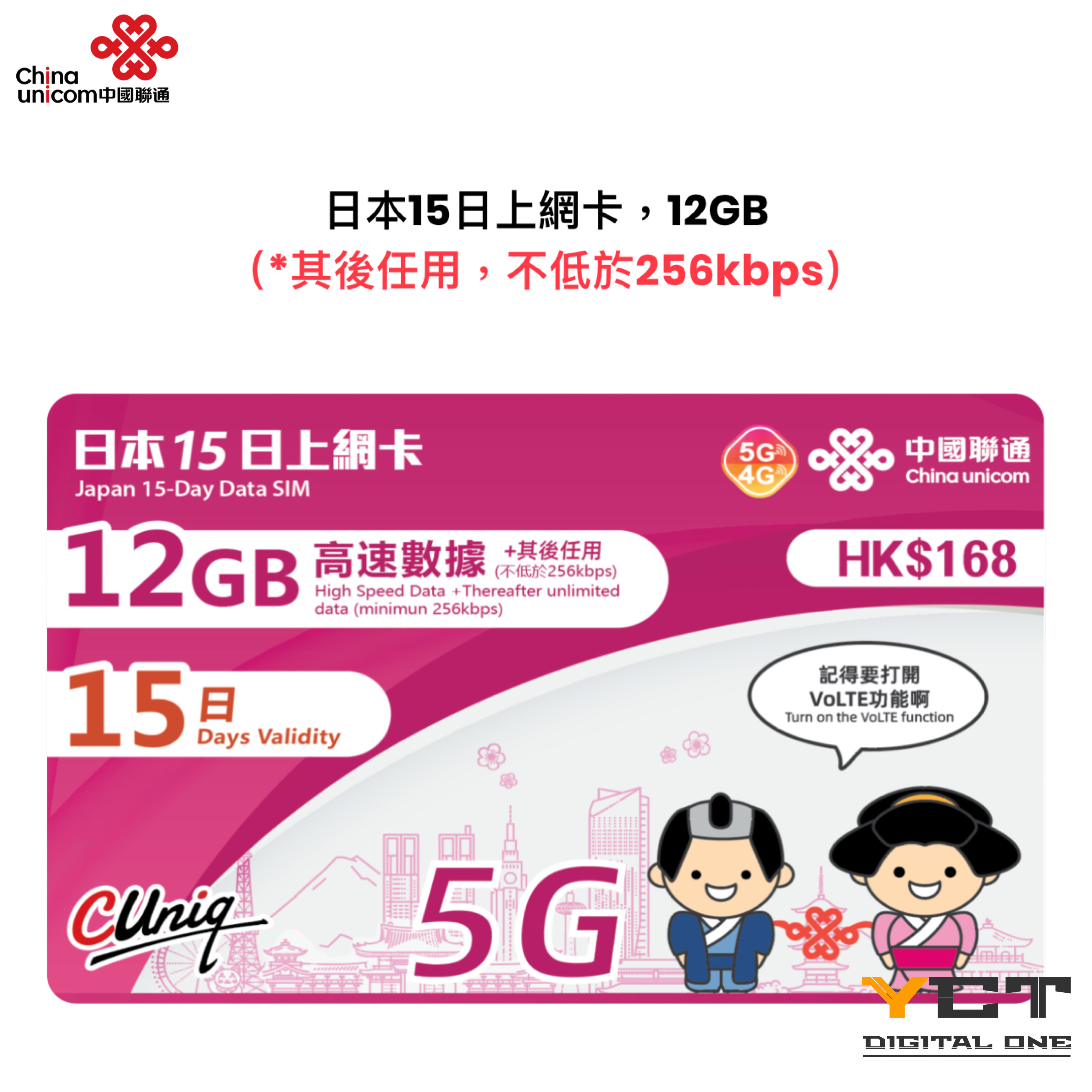 中國聯通 日本5G/4G 15日上網卡（12GB）