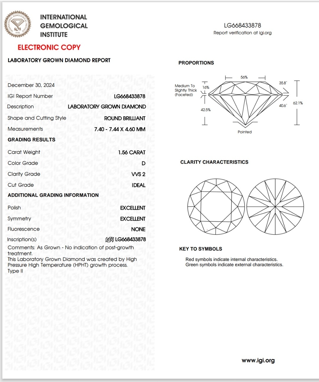 IGI LAB GROWN DIAMOND 1.56 D VVS2 IDEAL 2EX NON