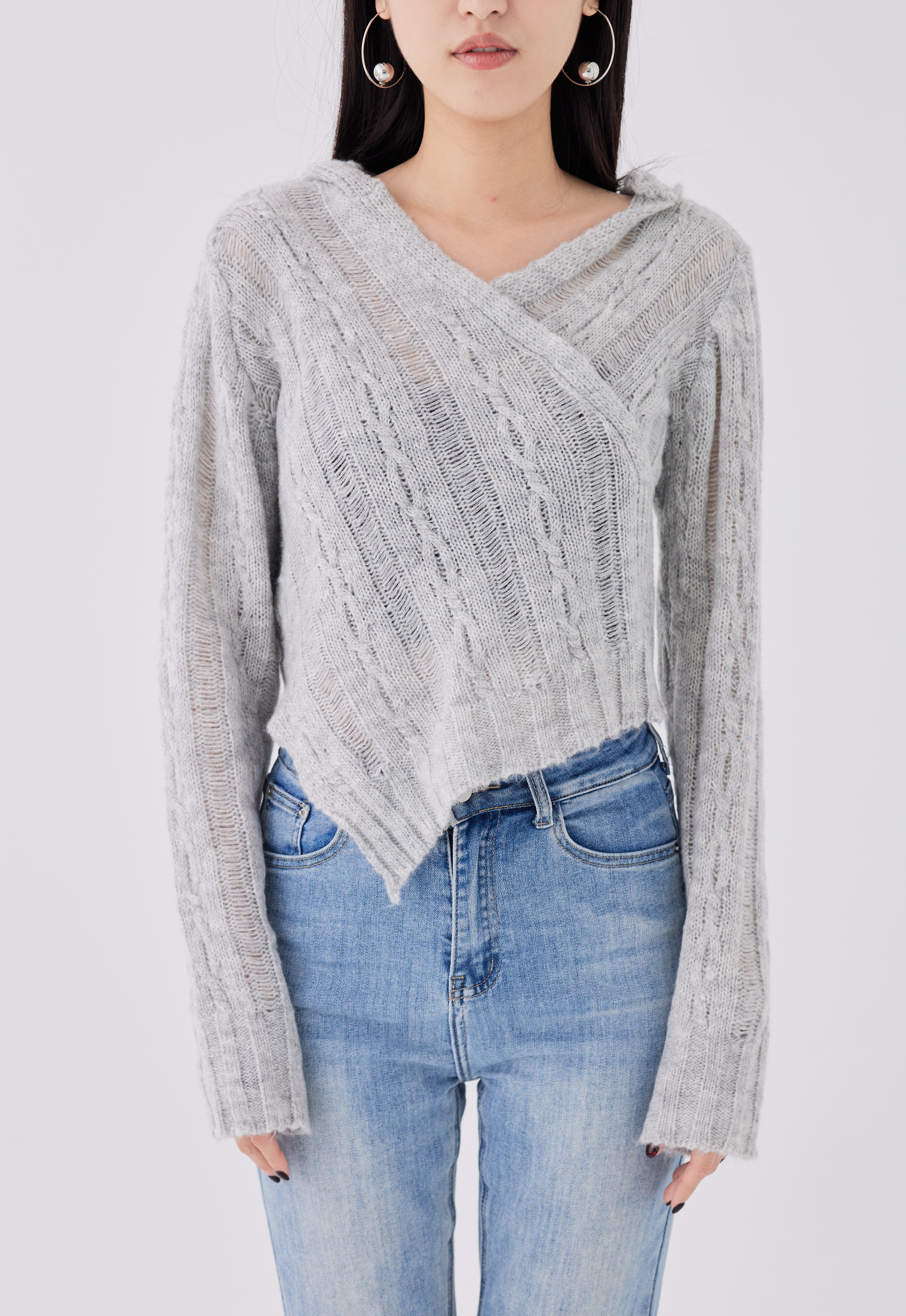 OH！HER 顯瘦不規則領口連帽針織上衣(7%羊毛）