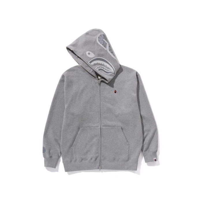A BATHING APE BAPE ONE POINT APE HEAD SHARK RELAXED FIT FULL ZIP HOODIE 素色鯊魚外套 小猿人頭 寬鬆版 灰色-1K80115305