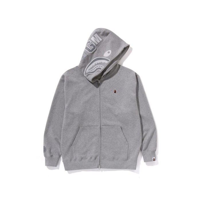A BATHING APE BAPE ONE POINT APE HEAD SHARK RELAXED FIT FULL ZIP HOODIE 素色鯊魚外套 小猿人頭 寬鬆版 灰色-1K80115305
