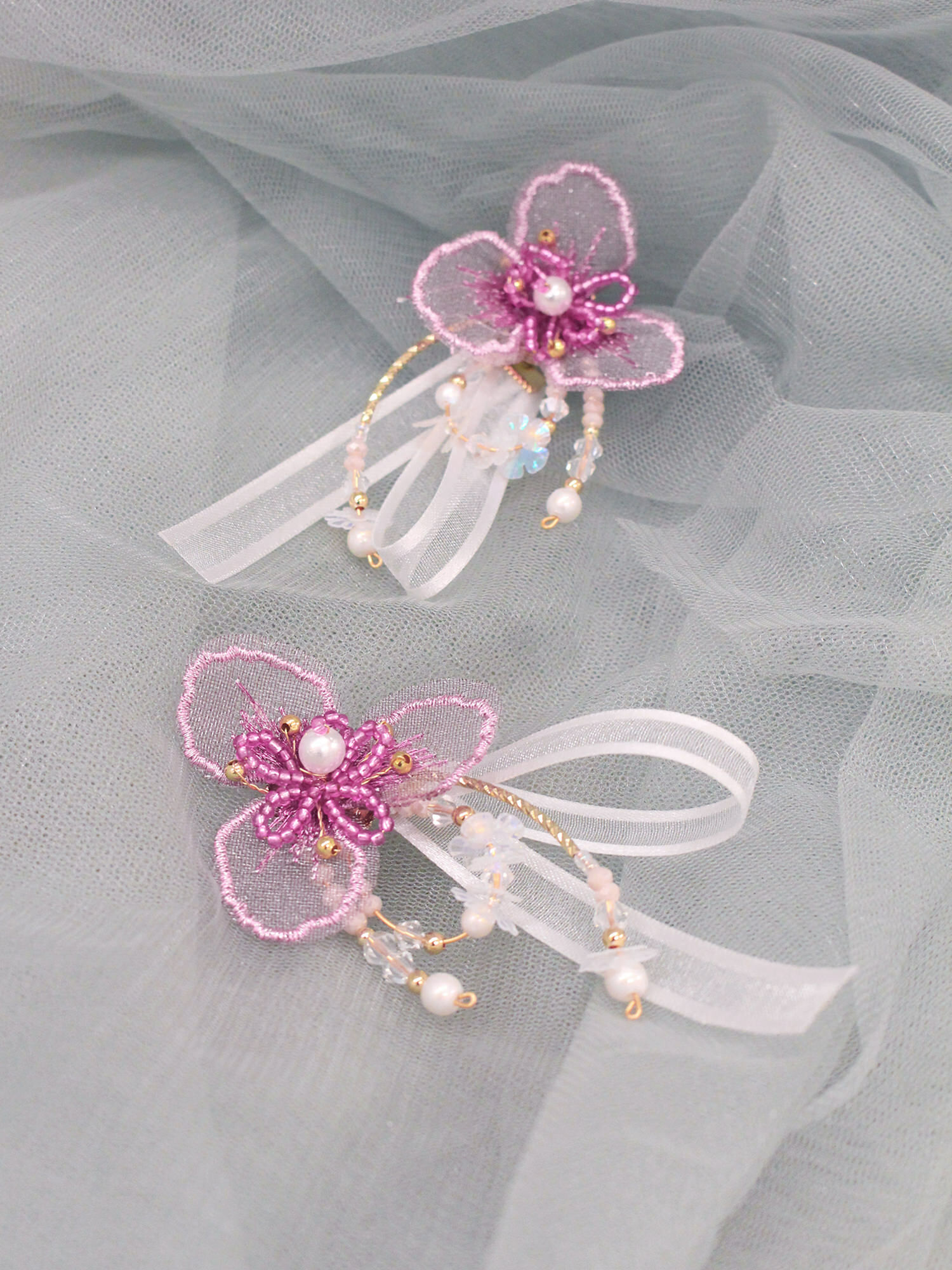 浪漫幻想家。(2way)MUCHAT手作14+18KGP透紗蝶結珠花純銀針耳環