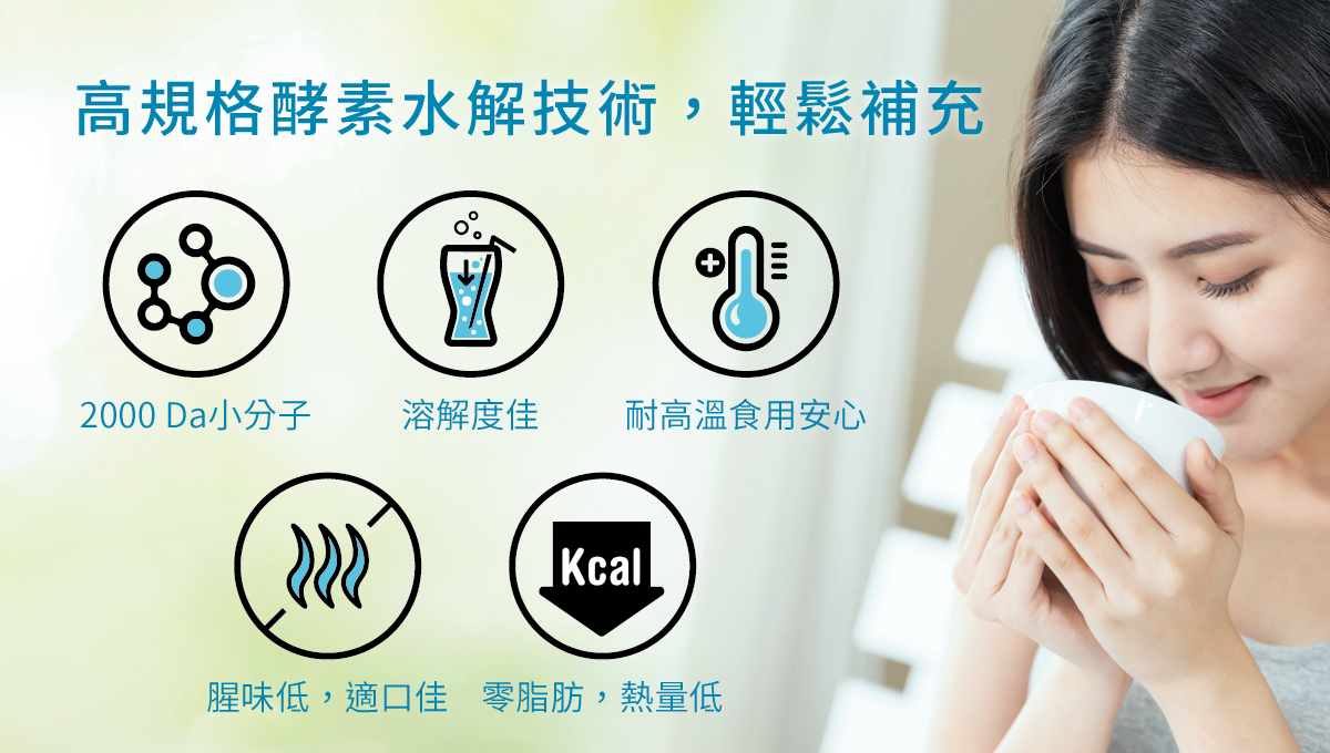 高規格酵素水解技術,輕鬆補充,2000 Da小分子、溶解度佳、耐高溫食用安心、腥味低,適口佳、零脂肪,熱量低