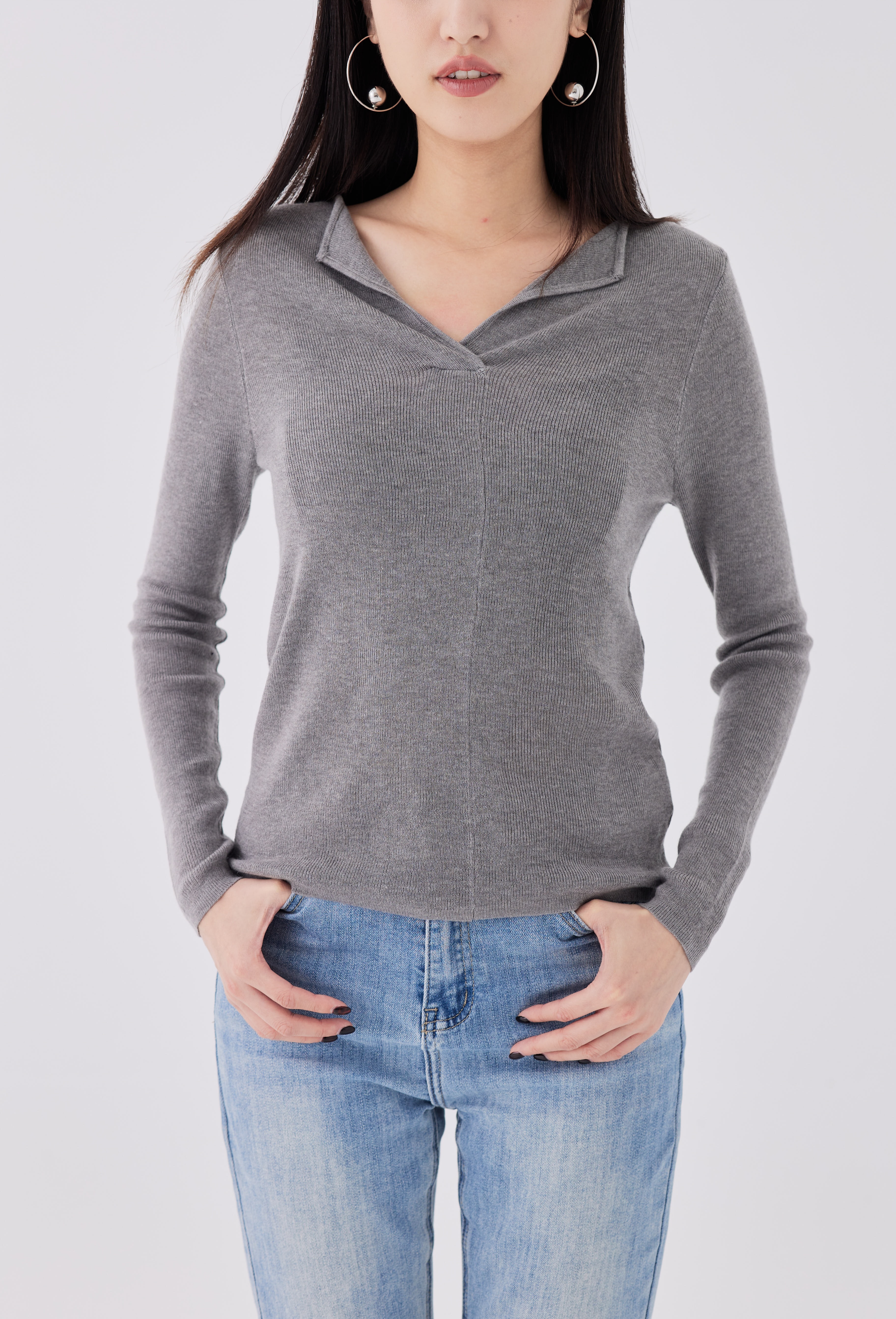 小心機翻領針織上衣(5%羊毛5%蠶絲）