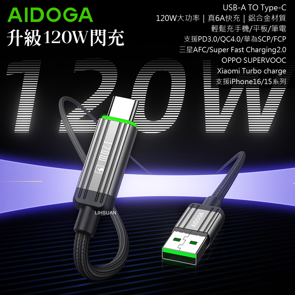 AIDOGA 艾迪伽 120W Type-C充電傳輸快充線 QC4.0 LED 鋼鐵系列 1.2M