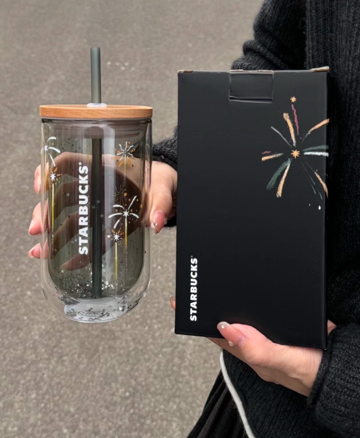 STARBUCKS 星巴克 冬日煙火系列 雙層玻璃 吸管杯 473ml