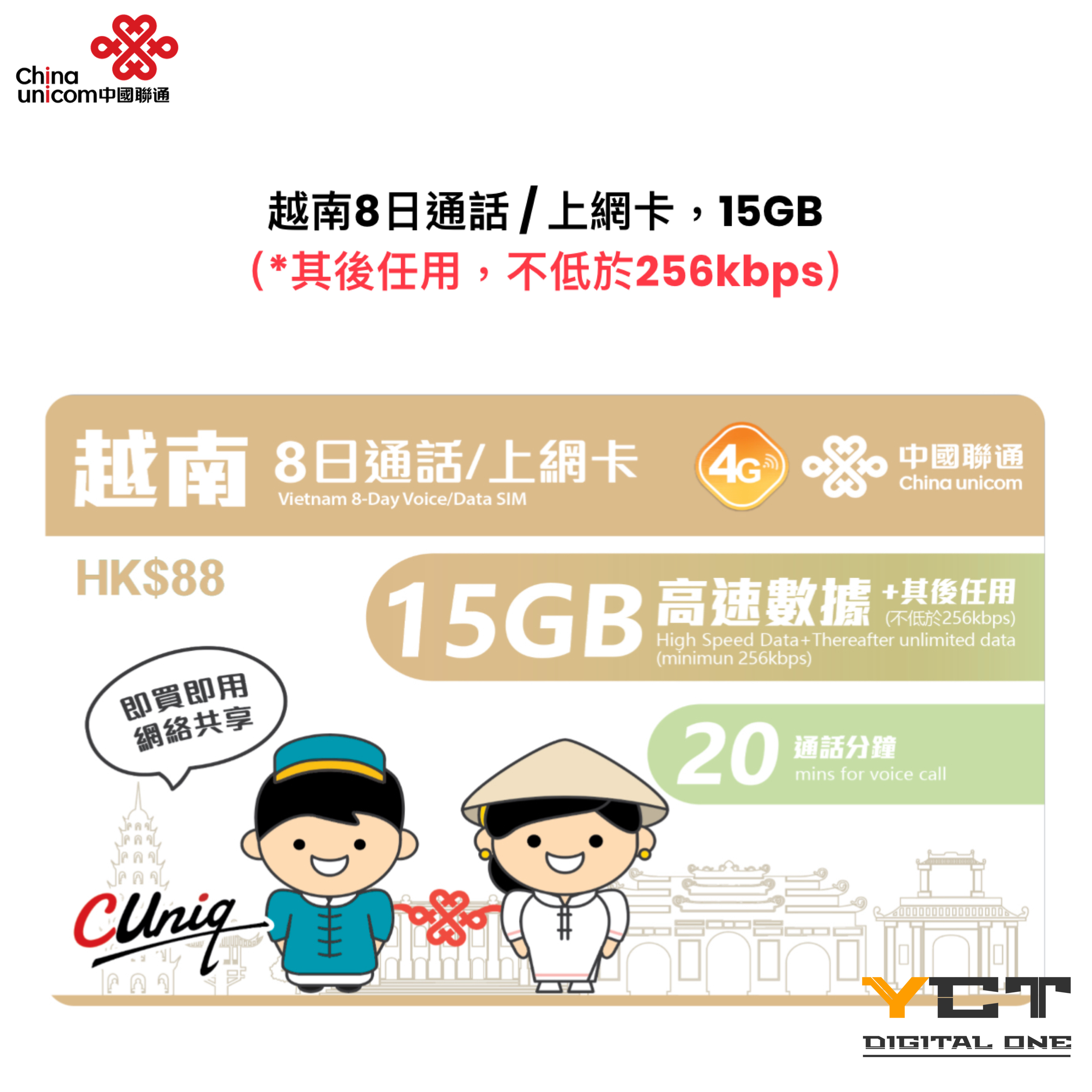 中國聯通 越南4G 8日通話/上網卡（15GB）