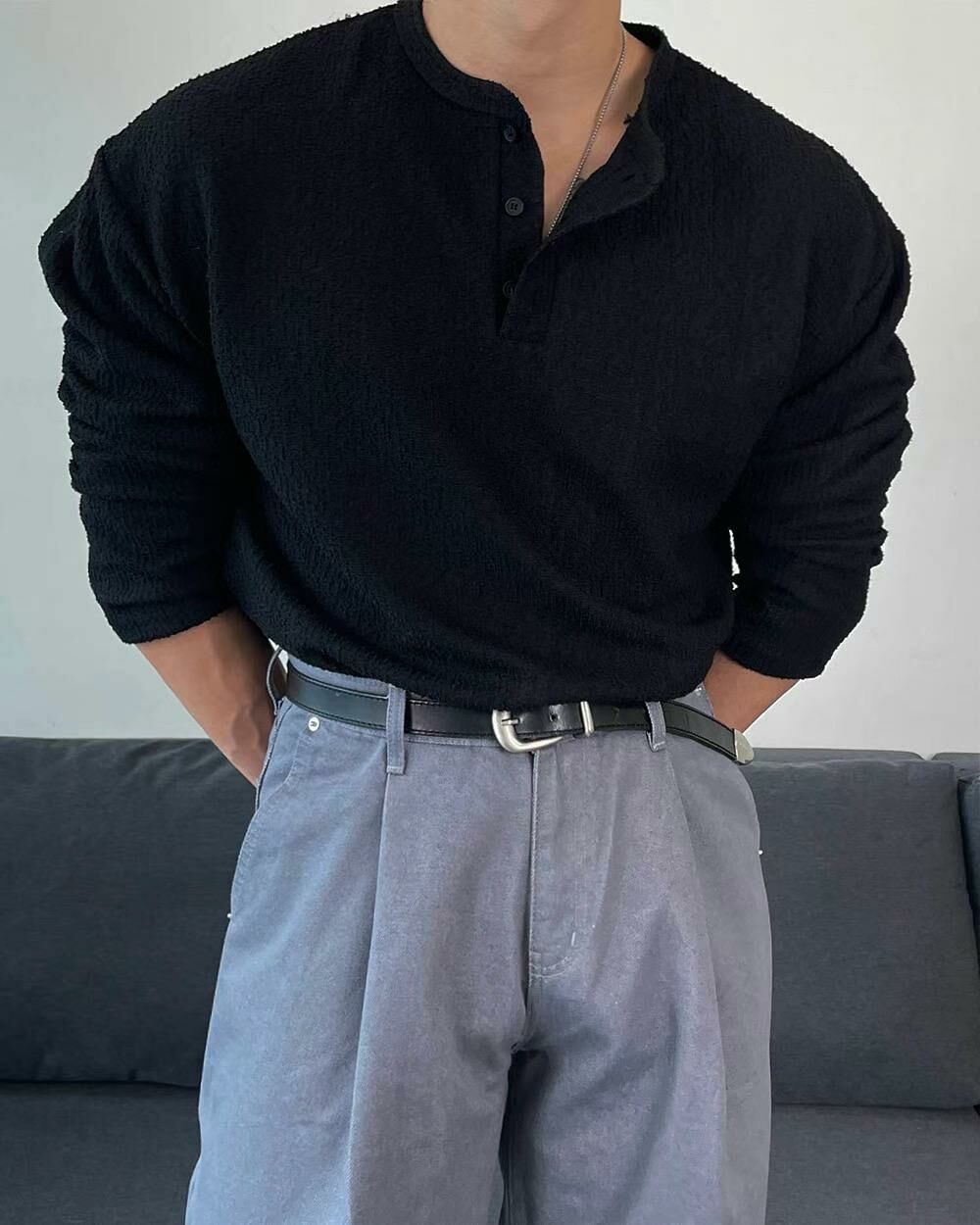 淨色半開胸暗紋長袖衫 TAC-0109T