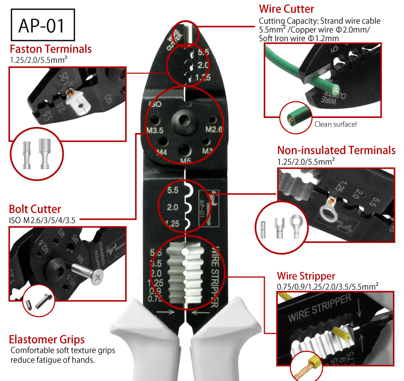 日本製 TTC 角田｜膠柄電工萬能鉗 1.25/2.0/5.5 ㎟ 壓接端子鉗 壓接鉗 撥線鉗｜AP-01