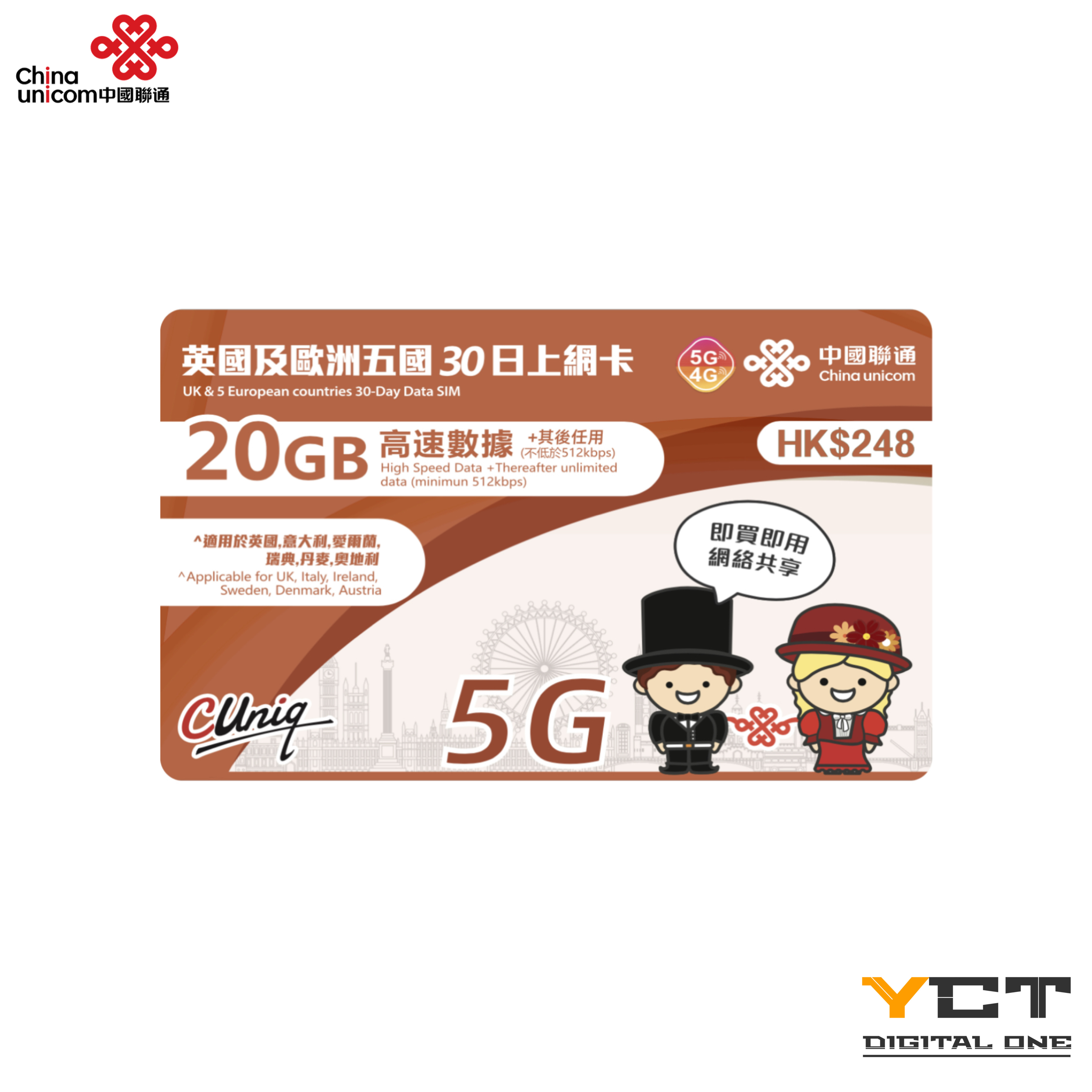 中國聯通 英國及歐洲五國5G/4G 30日上網卡（20GB）