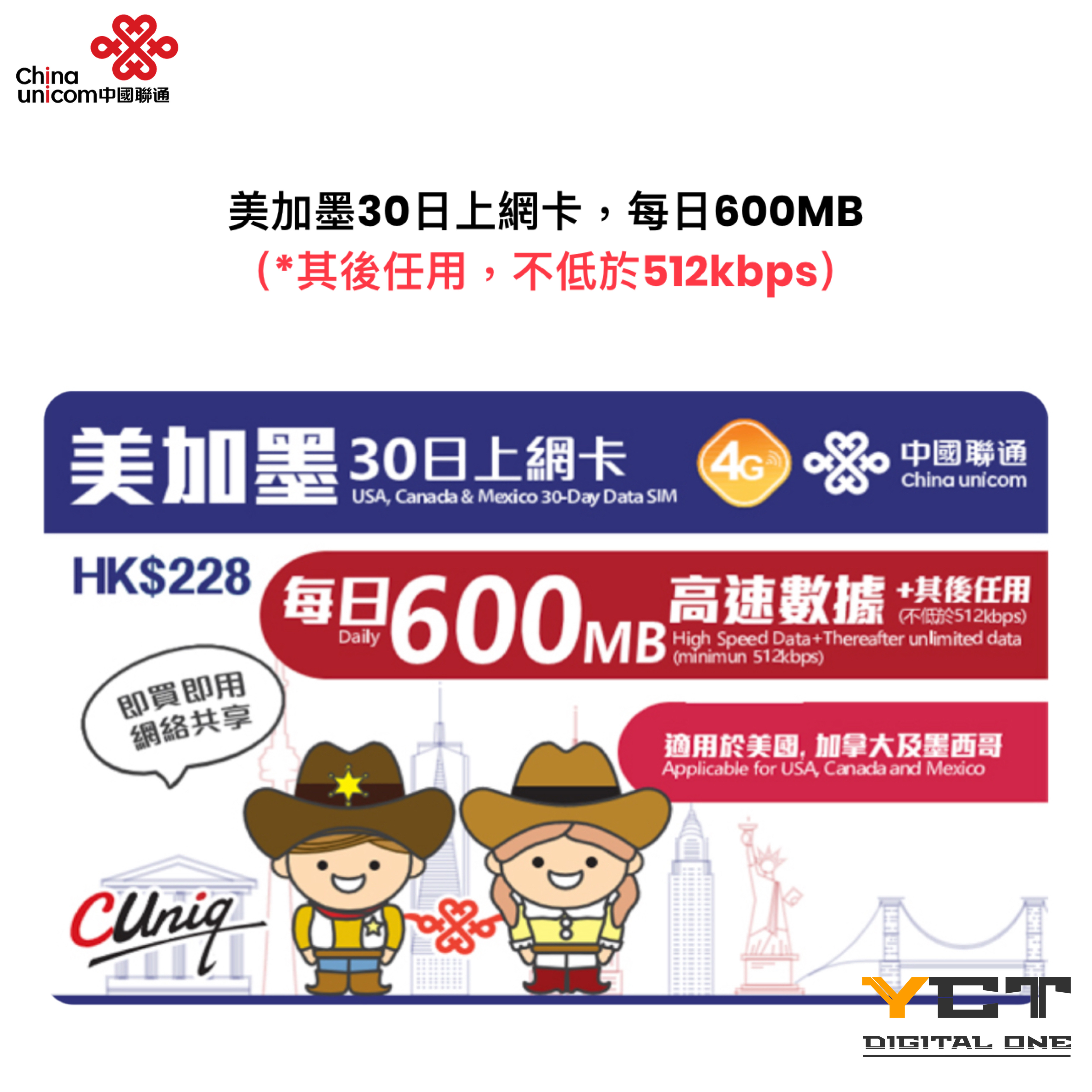 中國聯通 美加墨4G 30日上網卡（每日600MB）