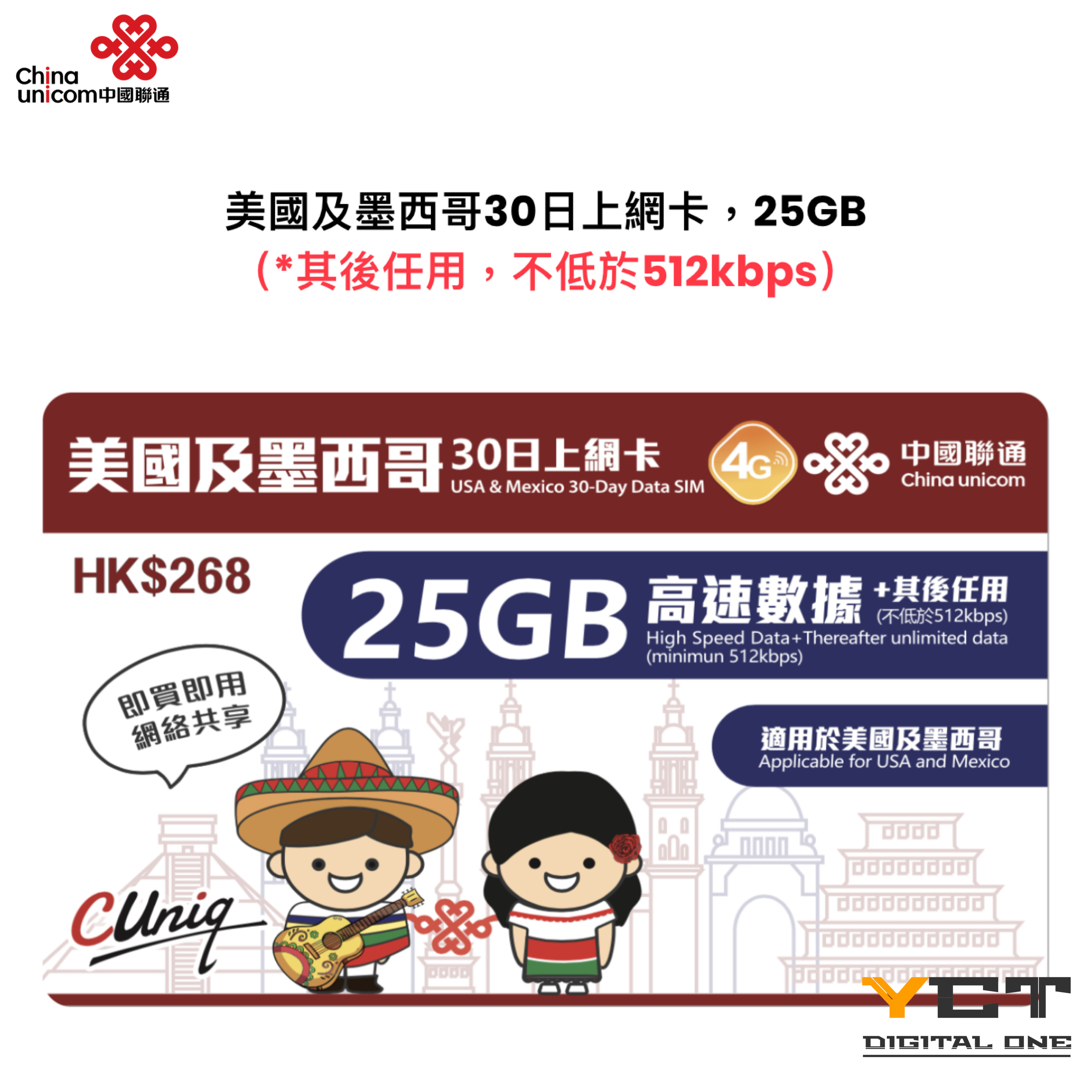 中國聯通 美國及墨西哥4G 30日上網卡（25GB）
