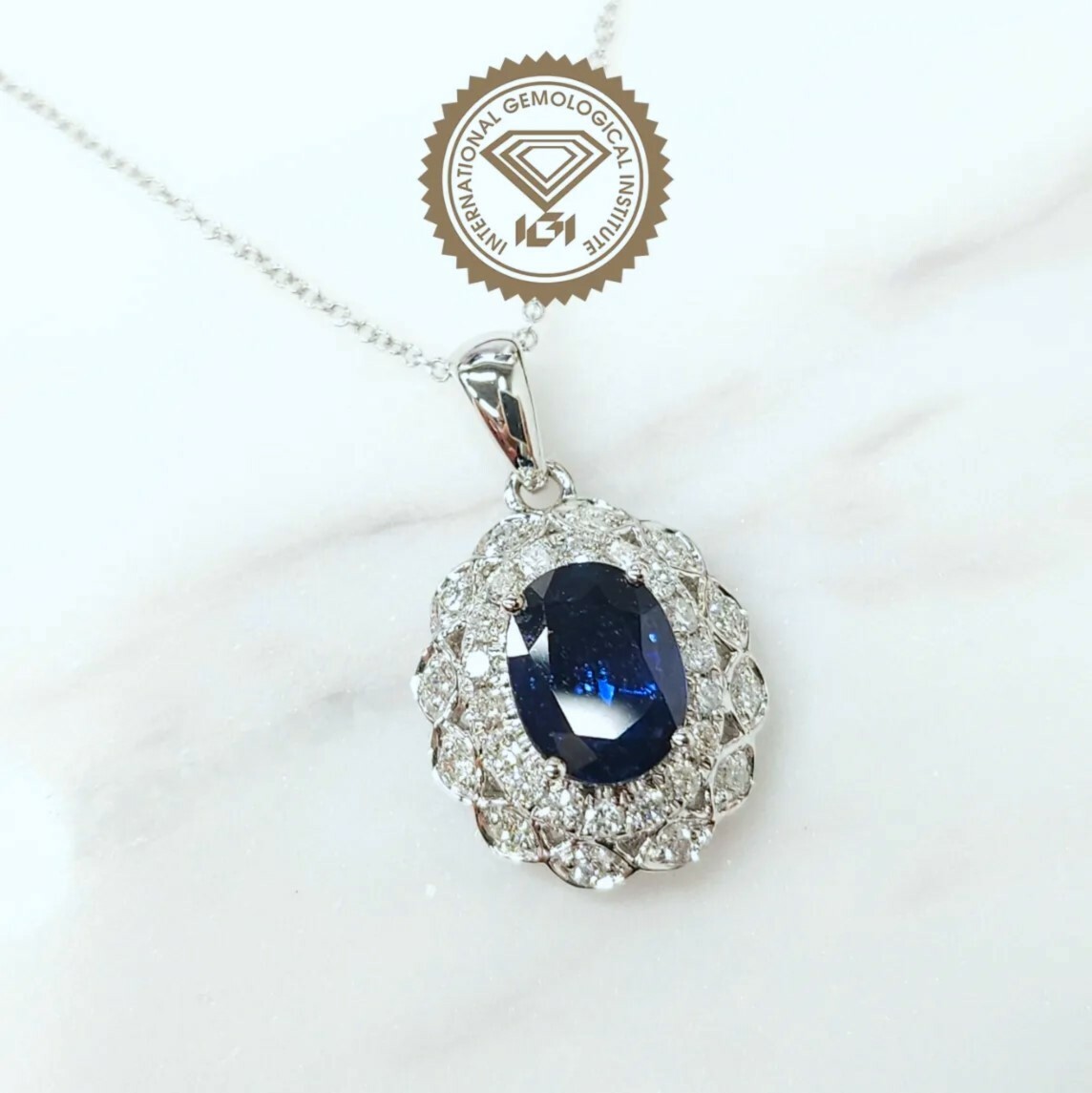 18K White Gold 1.32ct Sapphire and Diamond Pendant