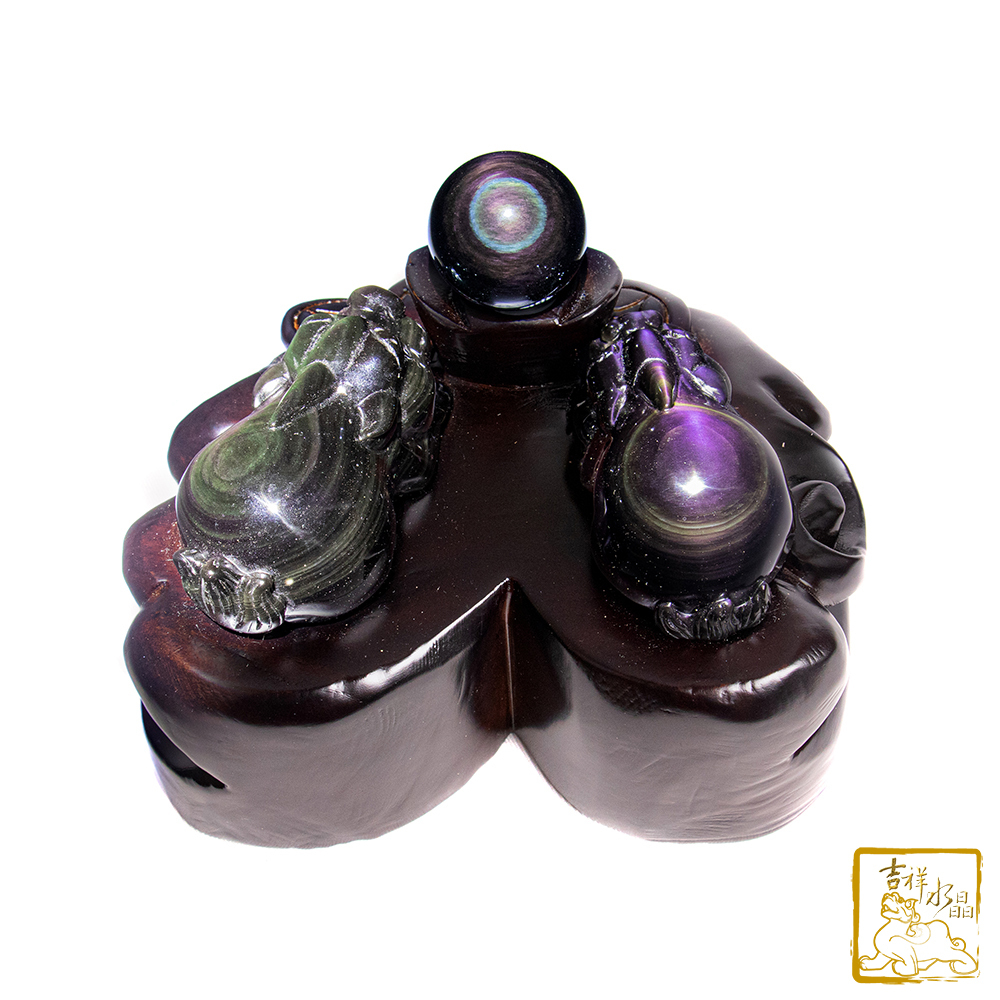 彩虹黑曜石貔貅一對 345g 咬錢旺財