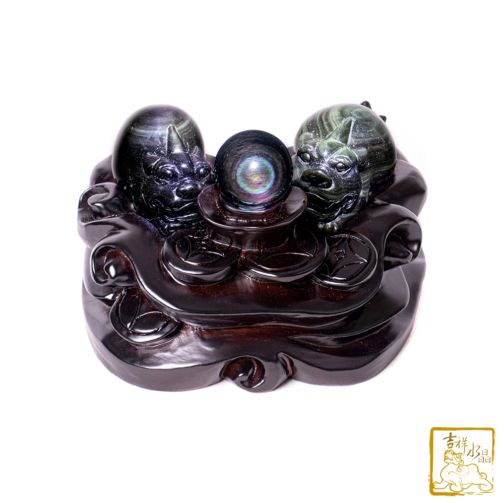 彩虹黑曜石貔貅一對 345g 咬錢旺財
