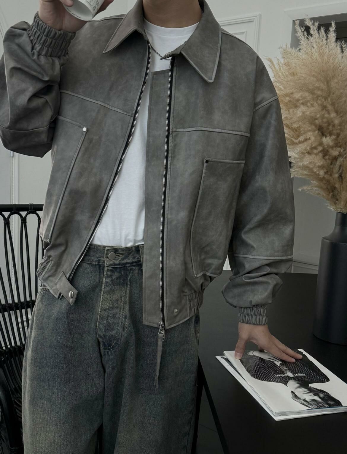 反領拉鍊合成皮褸 OUR ROOM-029JK