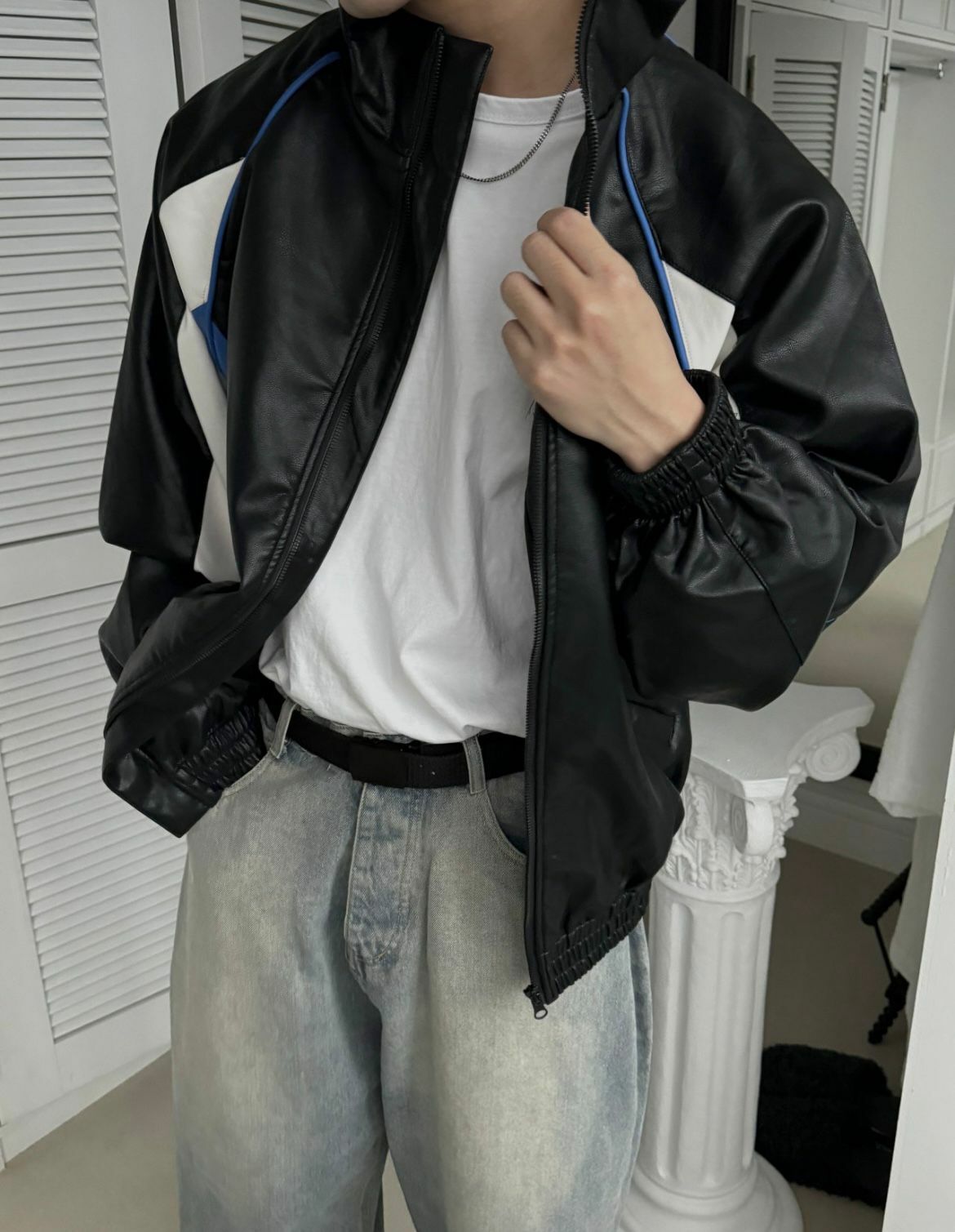 企領拼色拉鍊合成皮褸 OUR ROOM-031JK