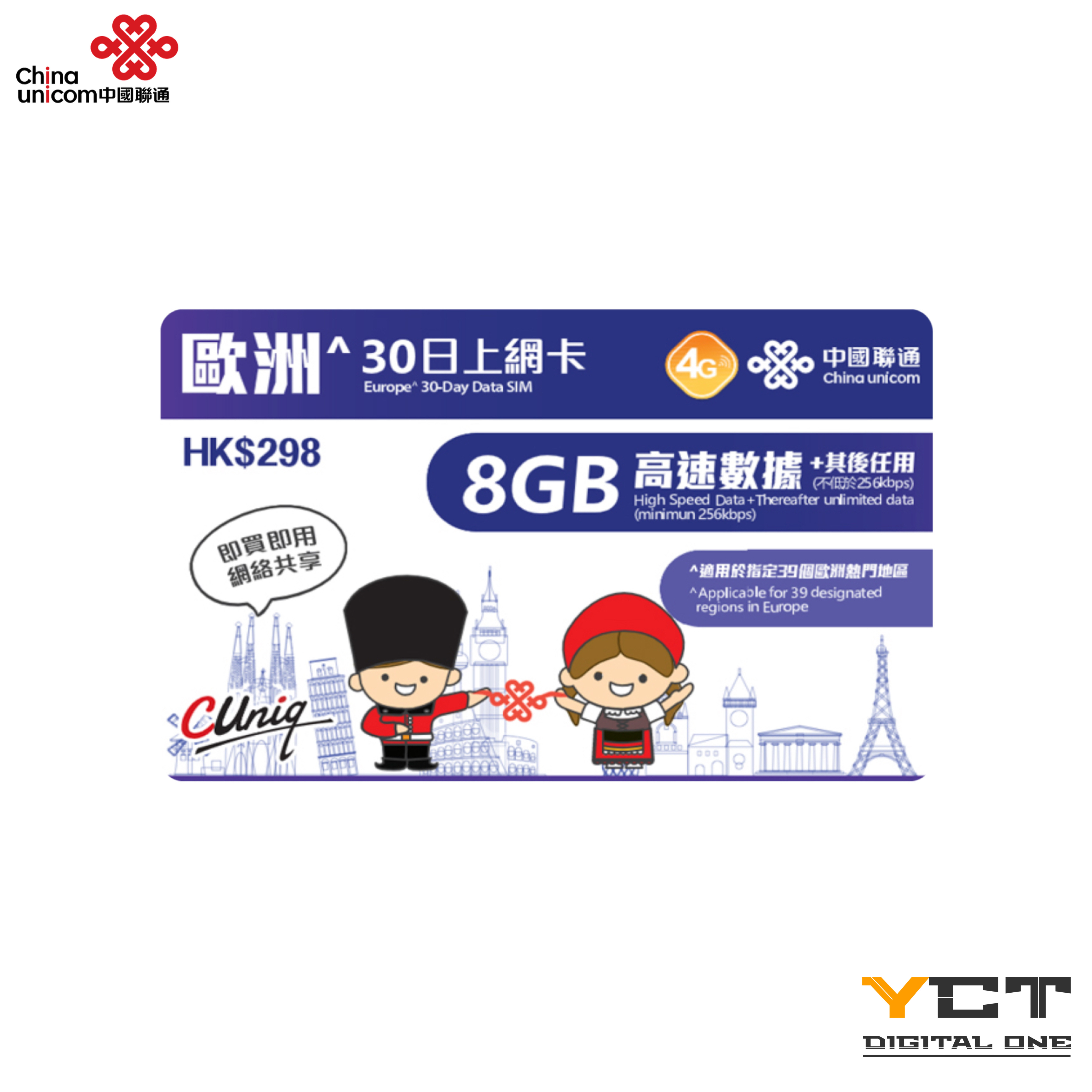 中國聯通 歐洲4G 30日通話/上網卡（8GB）