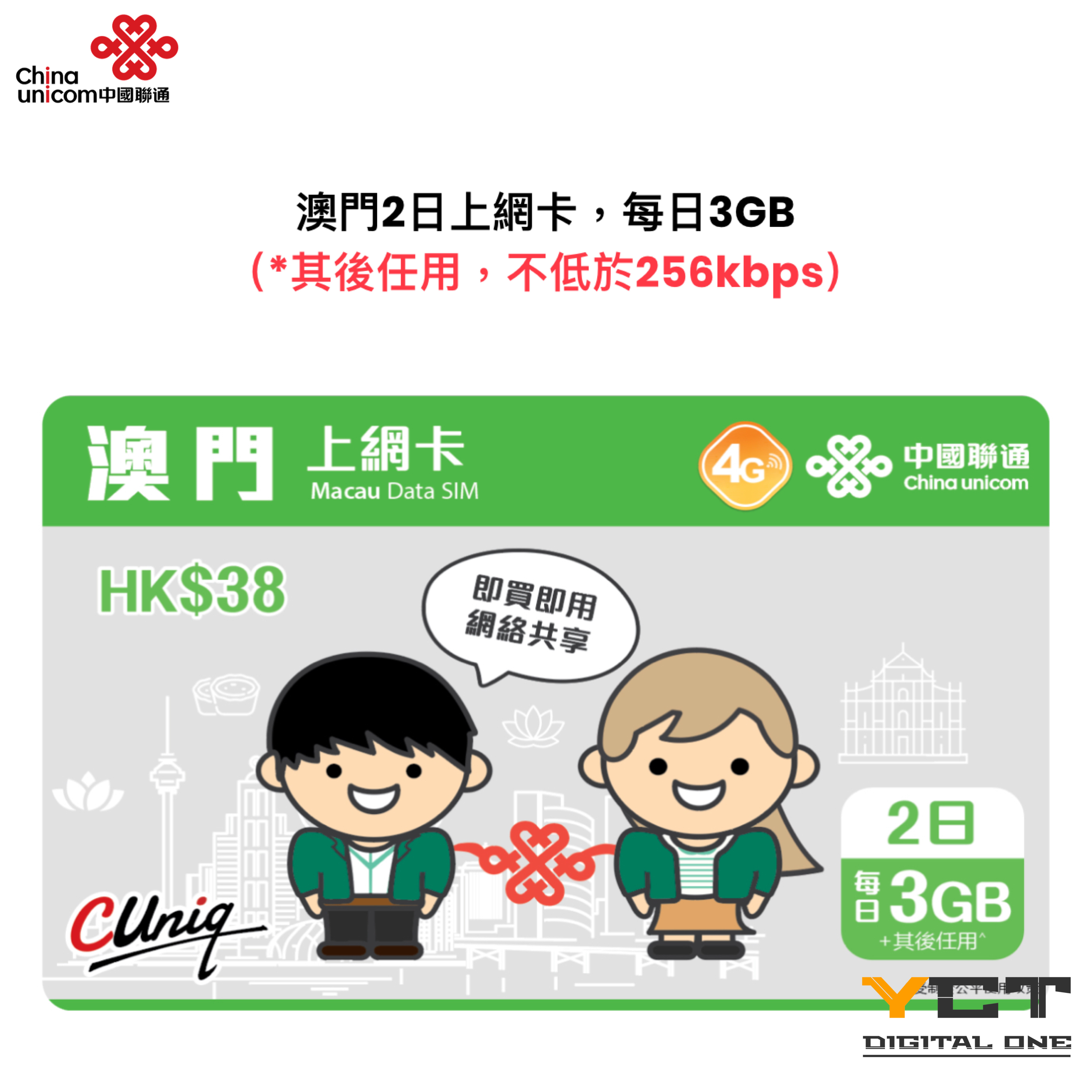 中國聯通 澳門4G 2日上網卡（每日3GB）