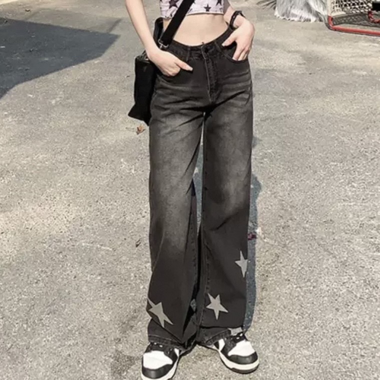 年末出清✧˖°. 星星噴漆做舊直筒牛仔褲 黑灰色