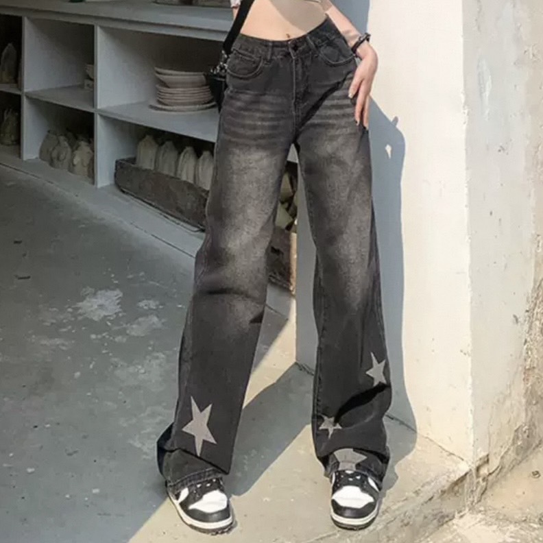 年末出清✧˖°. 星星噴漆做舊直筒牛仔褲 黑灰色